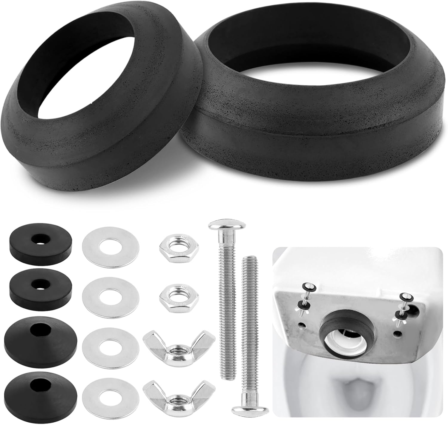 Universal Toilet Tank To Bowl Gasket, 2 Kind Gasket and 2 Sets Stainless Steel Bolt Hardware Kit, Toilet Repair Replacement Kit Inside Tank Fits 2'' and 3'' Toilet Flush Valve Tank Coupling Kit(black)