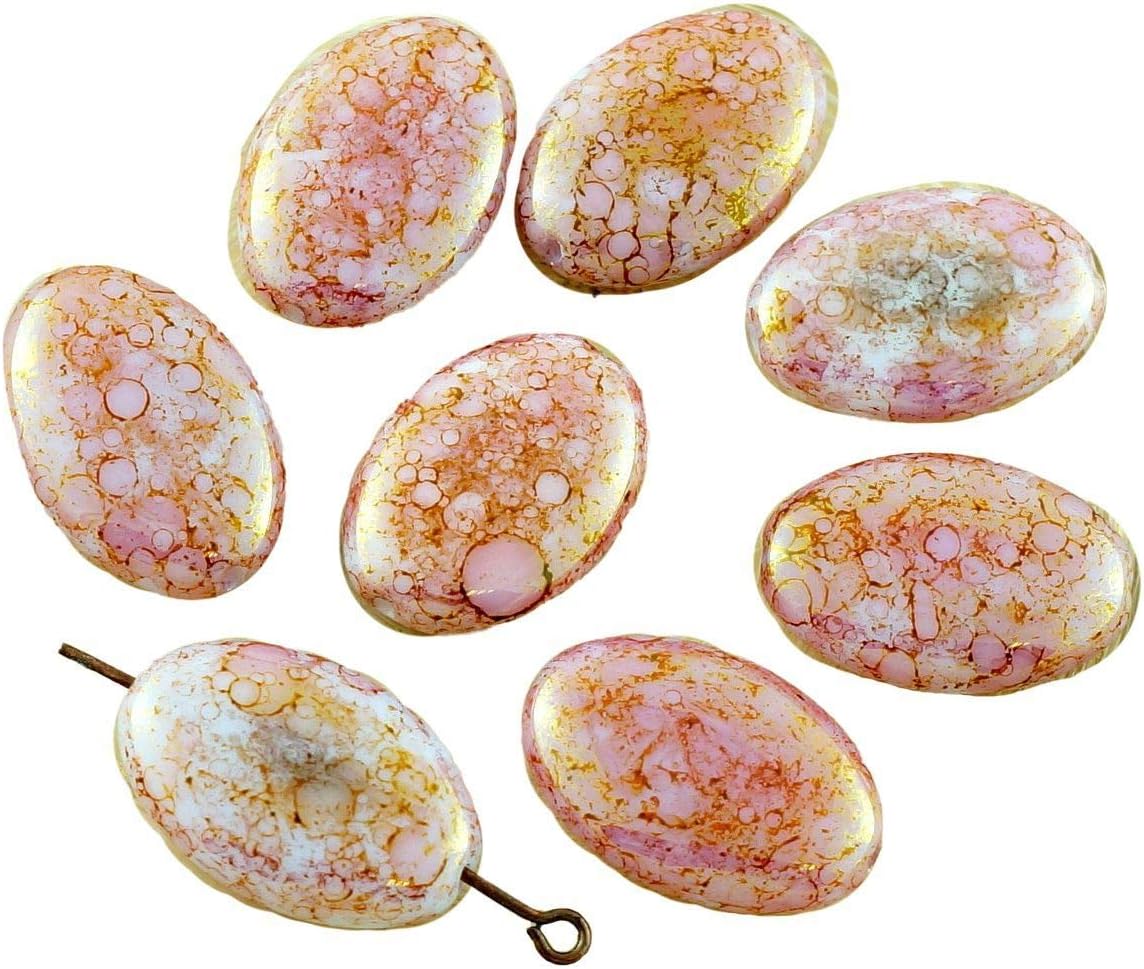 4pcs Large Picasso Valentine Pink Opal Terracotta Czech Glass Flat Oval Beads Wedding 20mm x 14mm