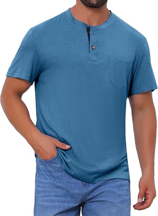Mens Henley T-Shirts Casual Summer Short Sleeves Button Basic Tee