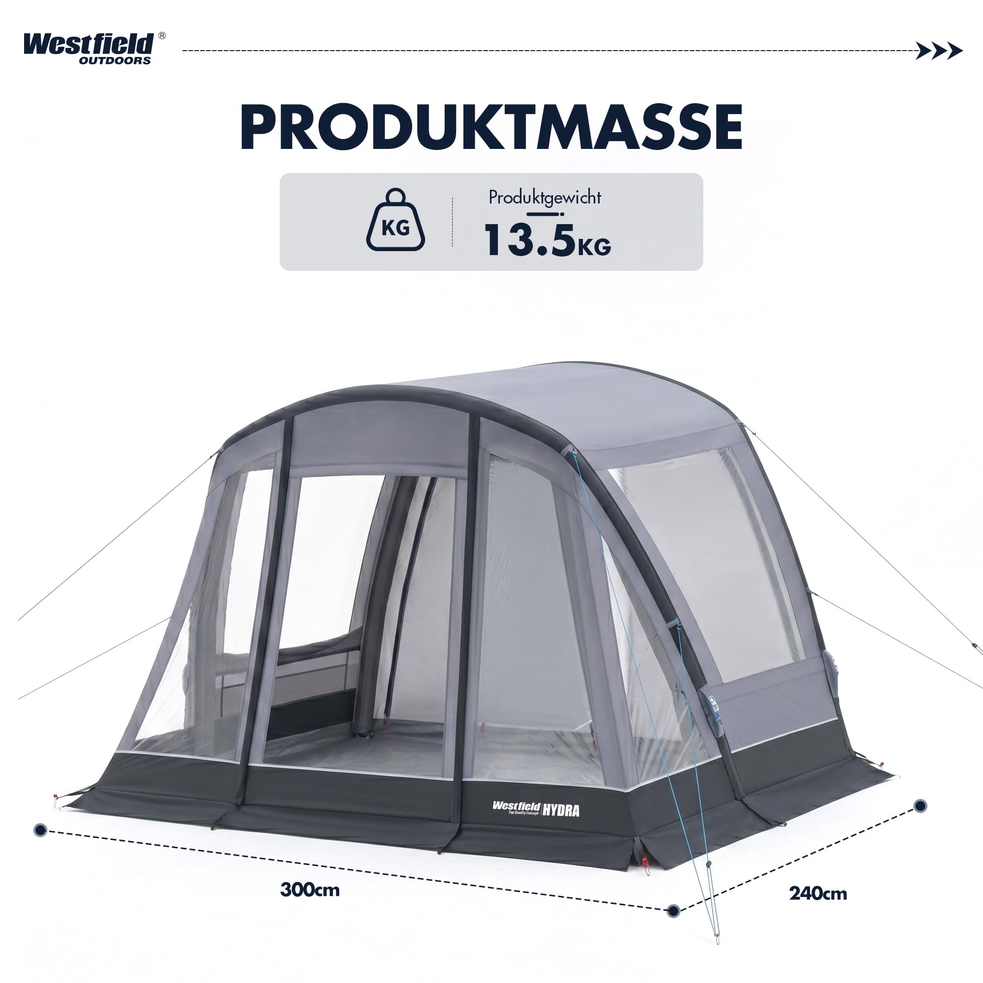 Westfield Outdoors Hydra, Aufblasbares Zelt 300 x 240 cm, Wetterfestes Autozelt mit 3000 mm Wasserschutz, UV-beständig, Drive-Away-Funktion, Panorama-Ausblick, abnehmbare Wände & Tragetasche