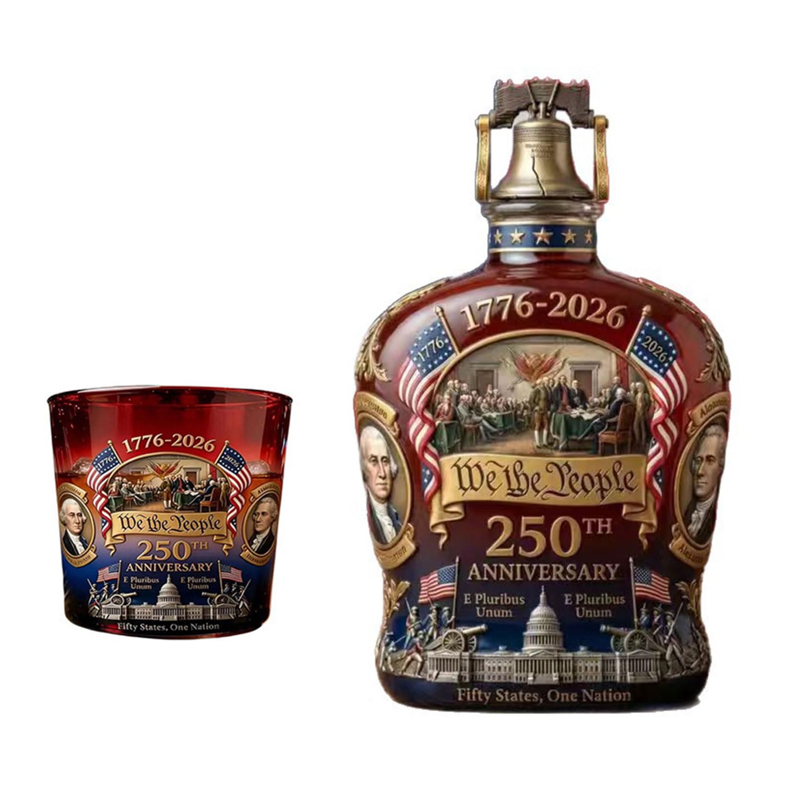 Cristalería fina de los 250 años de EE. UU.: botella de whisky y vasos de gala