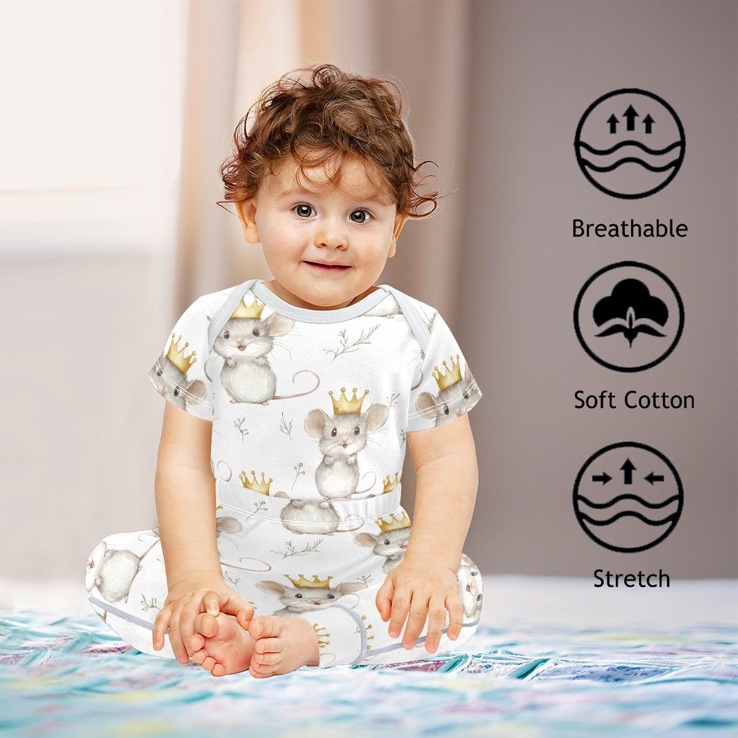 vvfelixl Baby Clothes Fluffy King Mouse Baby Bodysuits Set Unisex Short Sleeve Babys Pants Sets 0-3M