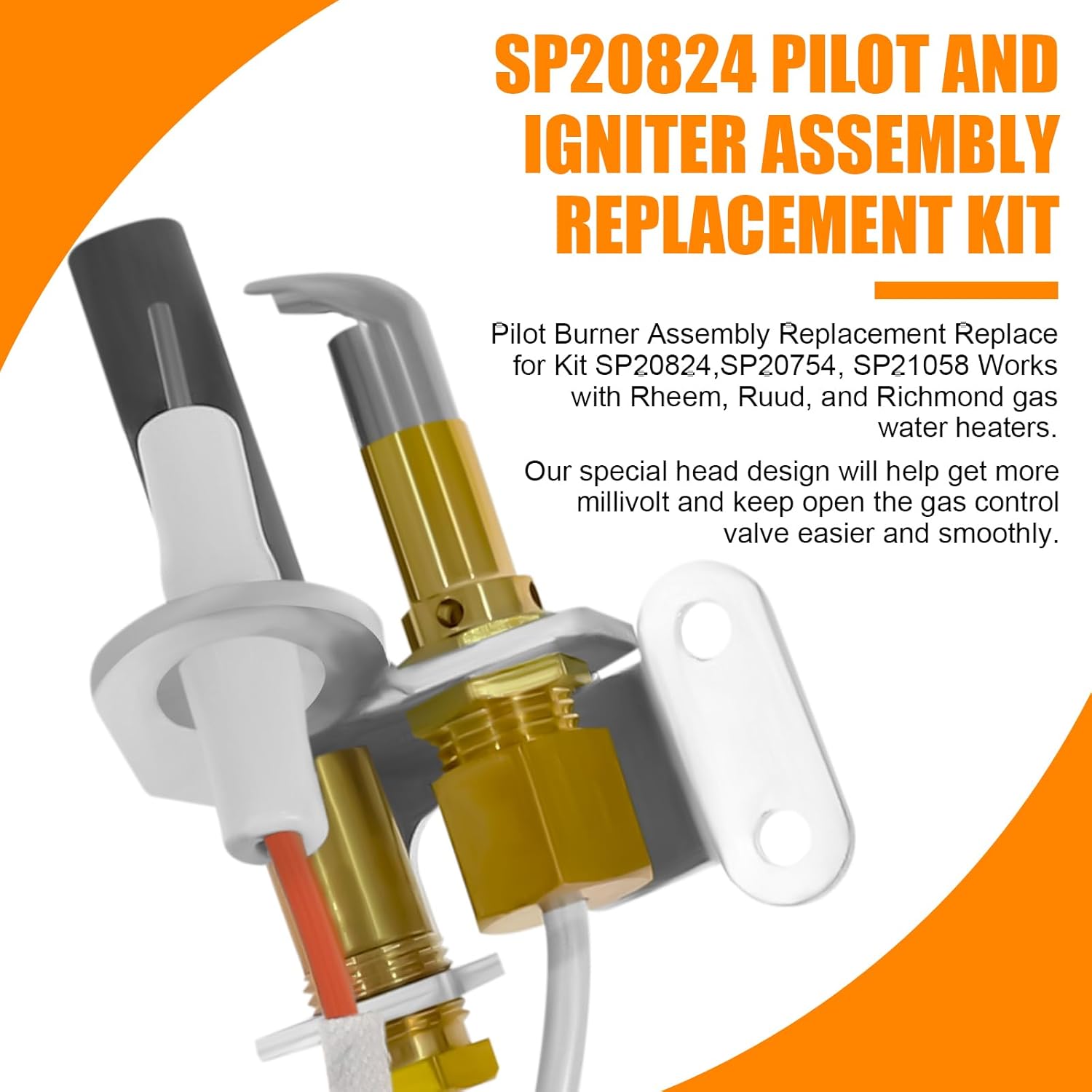 SP20824 Pilot Burner Assembly Kit Replacement SP20754, Compatible for Rheem Ruud and Richmond Water Heater Parts, NG with LP Orifice