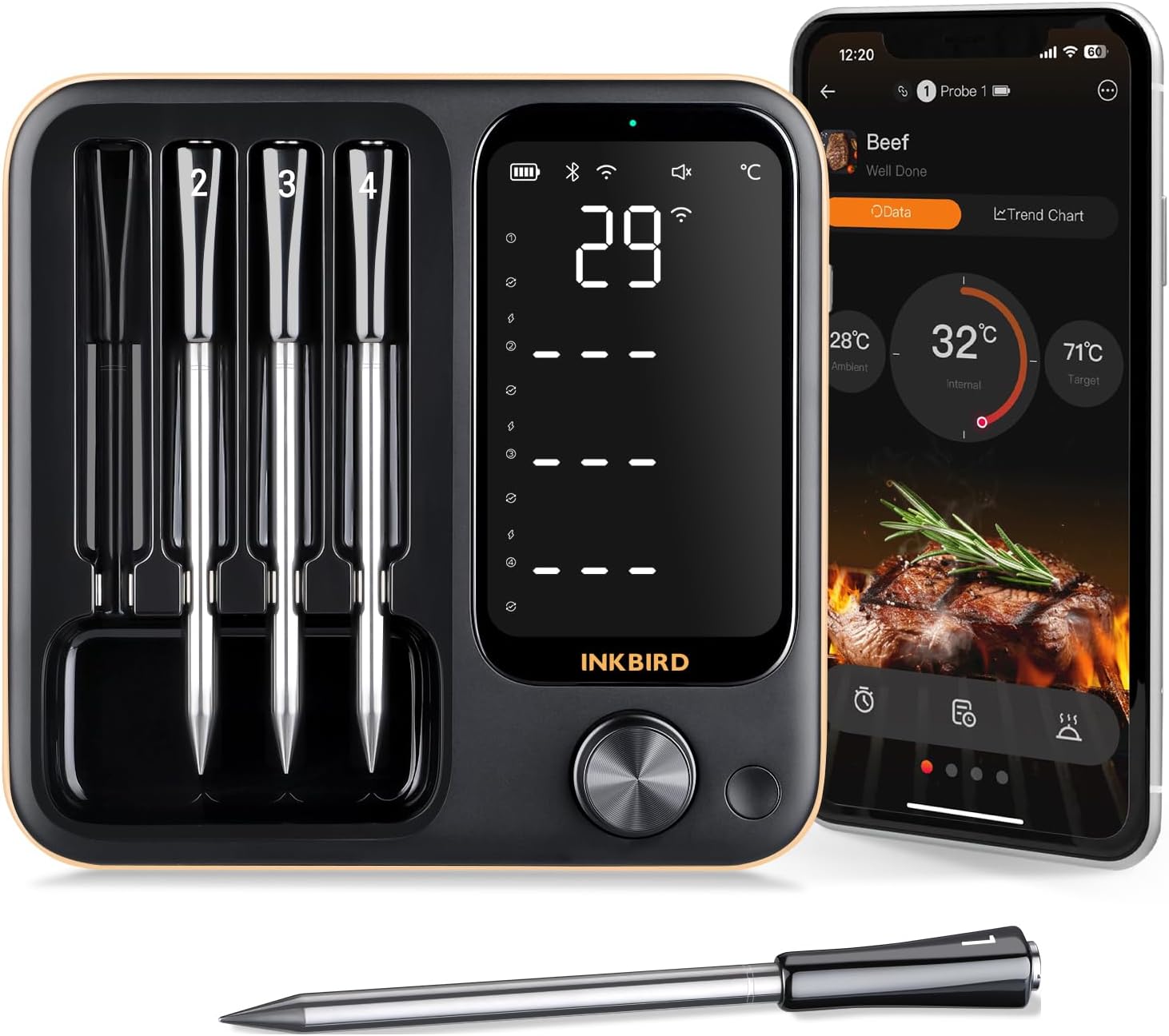 INKBIRD Wireless BBQ Thermometer INT-14-BW Three-Mode with 4 Probes WiFi Bluetooth Meat Thermometer with Temperature Pre-alarm and Timer IP67 Waterproof Smart Food Thermometer for BBQ Grill Oven