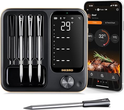 Inkbird INT-14-BW Fleischthermometer kabellos, Smart Grillthermometer WIFI 2.4G und Bluetooth 5.4 Signal 91m, Backofenthermometer Thermometer für Ofen, Grill, Smoker, Rotisserie…