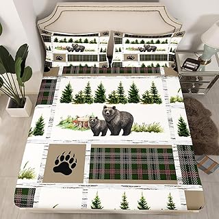 Manfei Bears Fitted Sheet Full Size, Bear Paw Print Pine Trees Plaid Patchowrk Bedding Set 3pcs for Kids Teens, Rustic Farmhouse Bed Cover with 2 Pillowcases, Soft Polyester Bedding