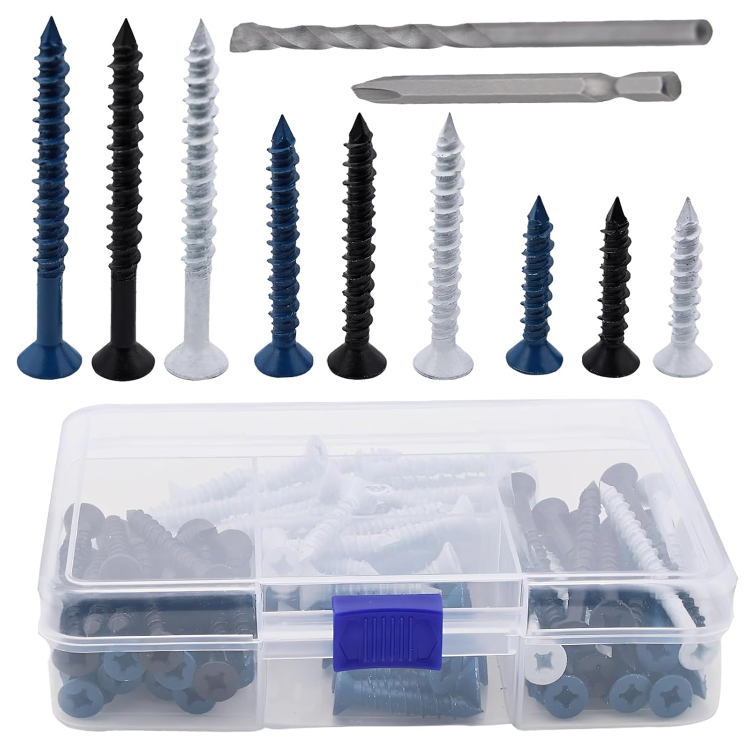 Concrete Screws Kit 105PCS, 3/16 Inch Masonry Screws Assortment with Drill Bit, Flat Head Cement Screws for Concrete Brick and Block, Carbon Steel Anchoring Screws 3 Sizes with Storage Box
