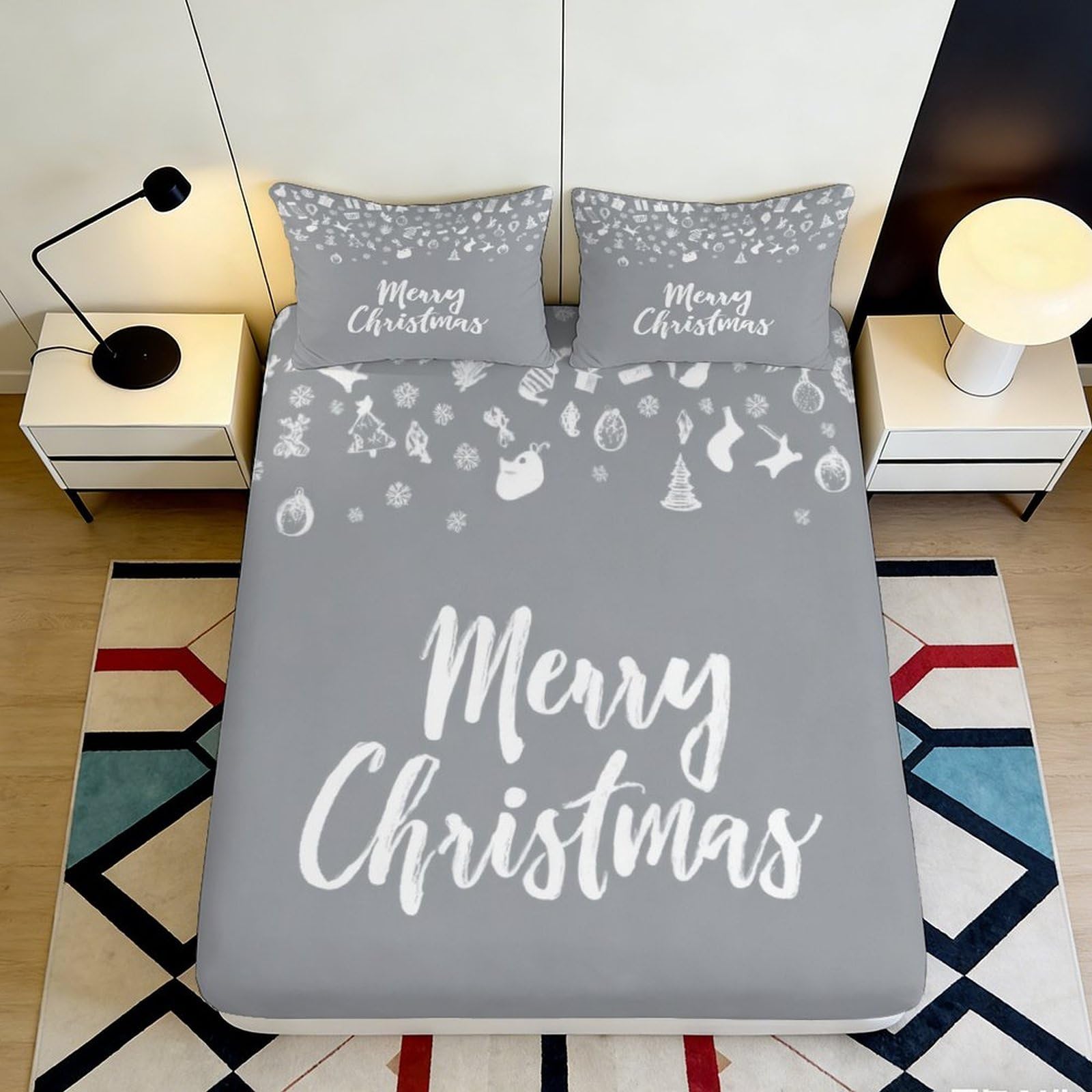 3D Printed Merry Christmas Fitted Sheet Microfiber Grey Snowflake Bed Cover for Bedroom Guest Room Easy Care 90x200x25cm