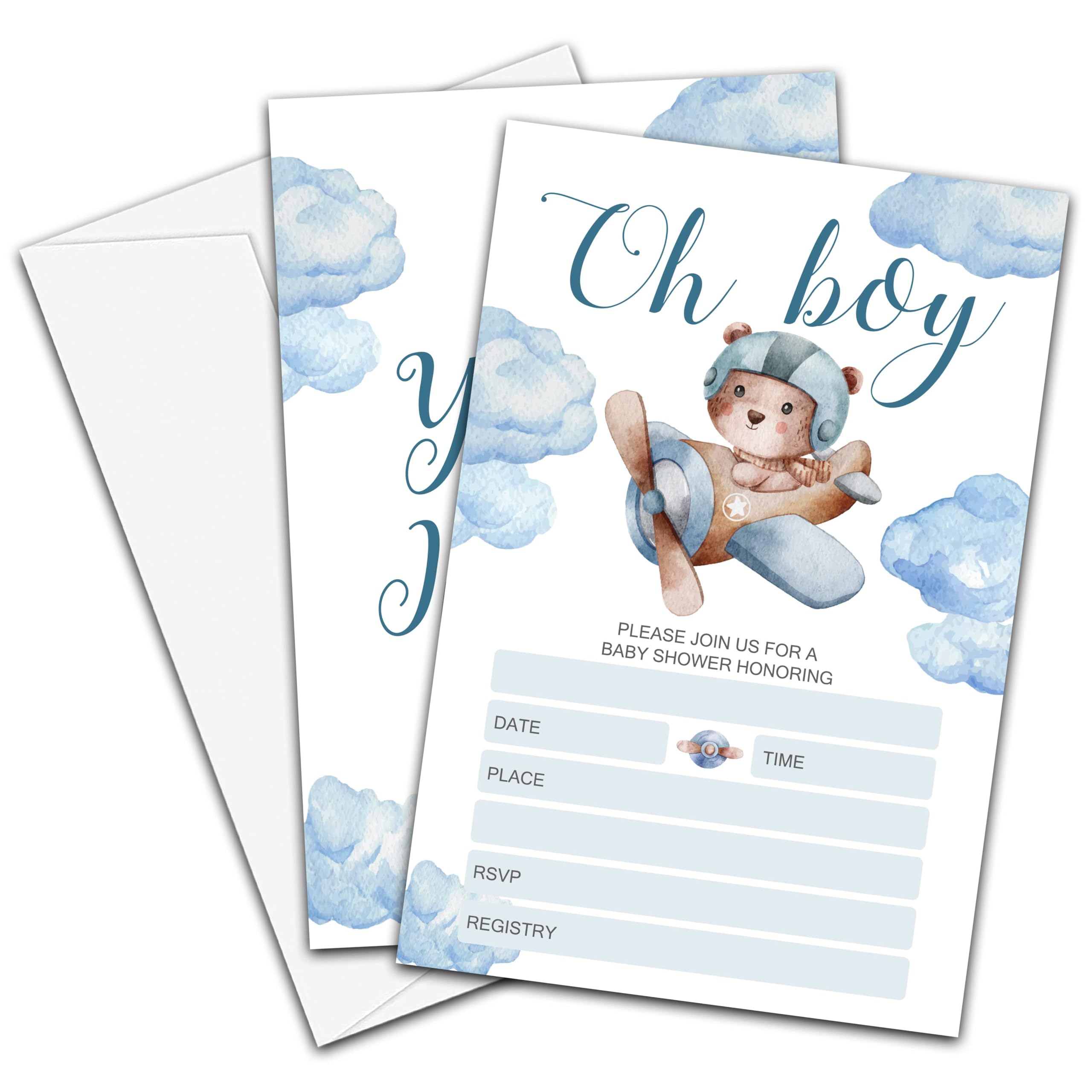 DETIHO Bear Baby Shower Invitation Cards With Envelopes, 4" x 6" Baby Shower Double-Sided Invites For Boys Girls, Baby Shower Party Supplies - A02