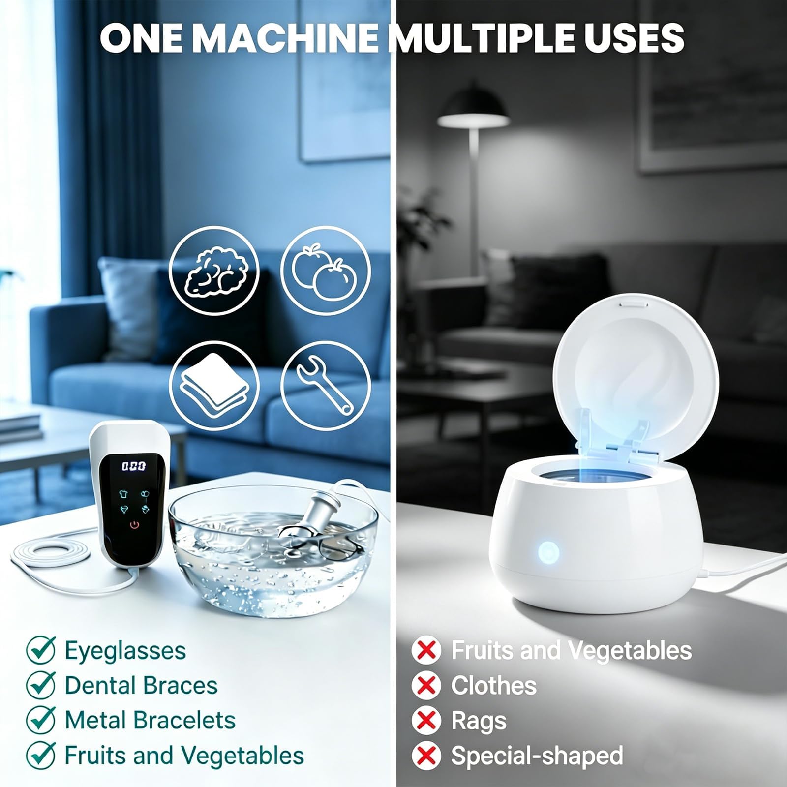 Limpiador Ultrasónico 70W, Dispositivo de Limpieza Ultrasónica Portátil 60kHz con Temporizador Automático - Limpieza Profunda para Joyas, Gafas, Frutas y Mariscos