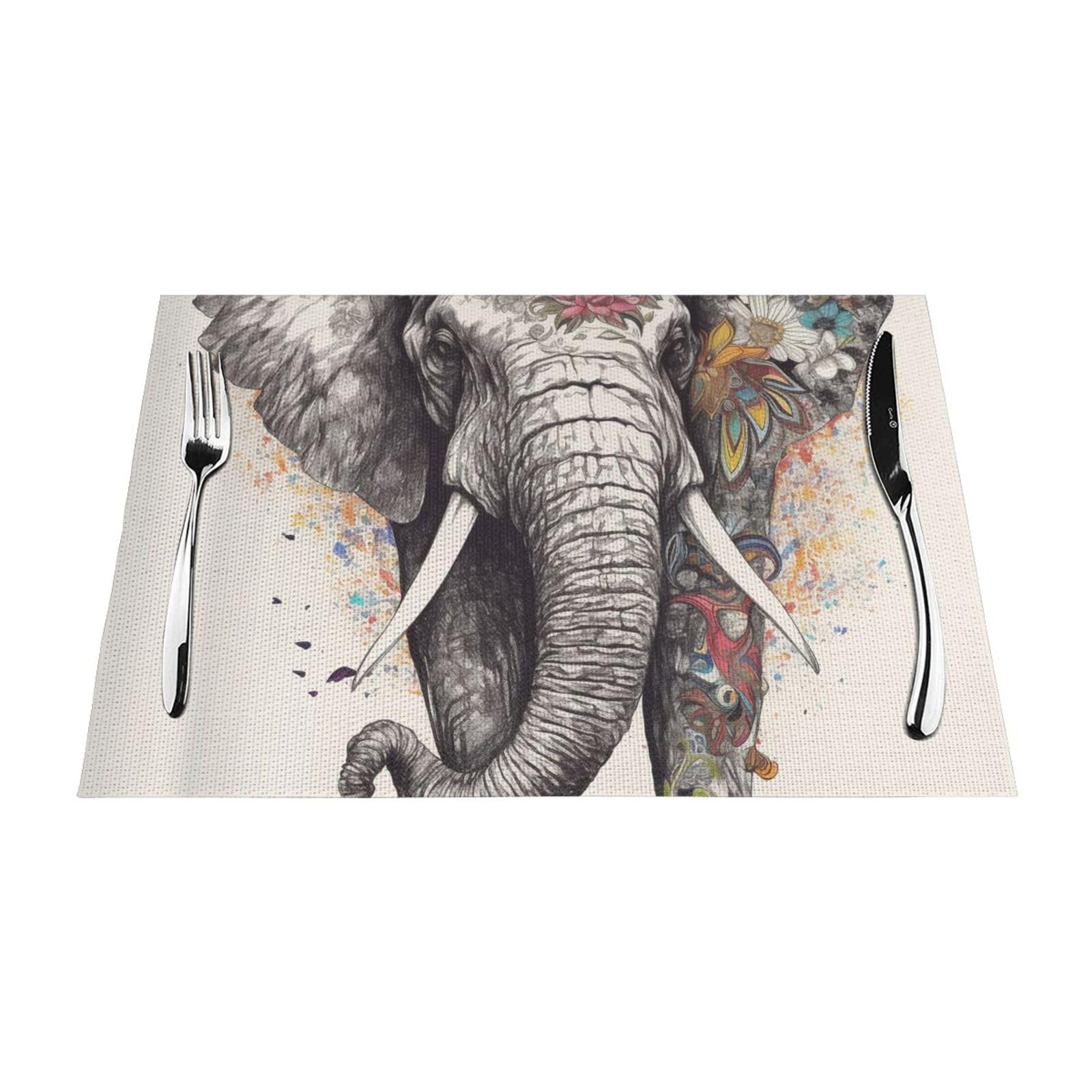 Elephant Printed PVC Placemat 4 PCS for Kitchen Dining Table Heat-resistand Washable Table Mats 18x12 in