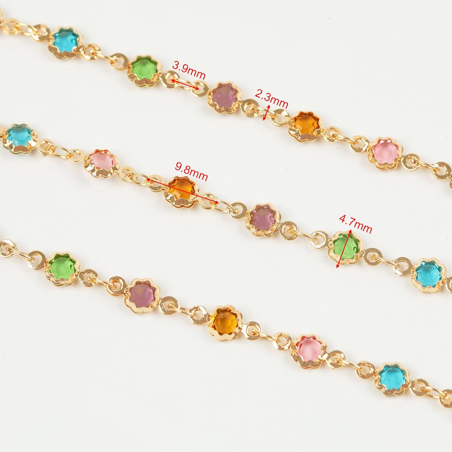 YOUBEIYEE 3 Meters Colorful Rhinestone Jewelry Chain Gold Plated Brass Chain for Jewelry Making Mixed Color Glass Bead Flower Craft Chain Roll - Image 3