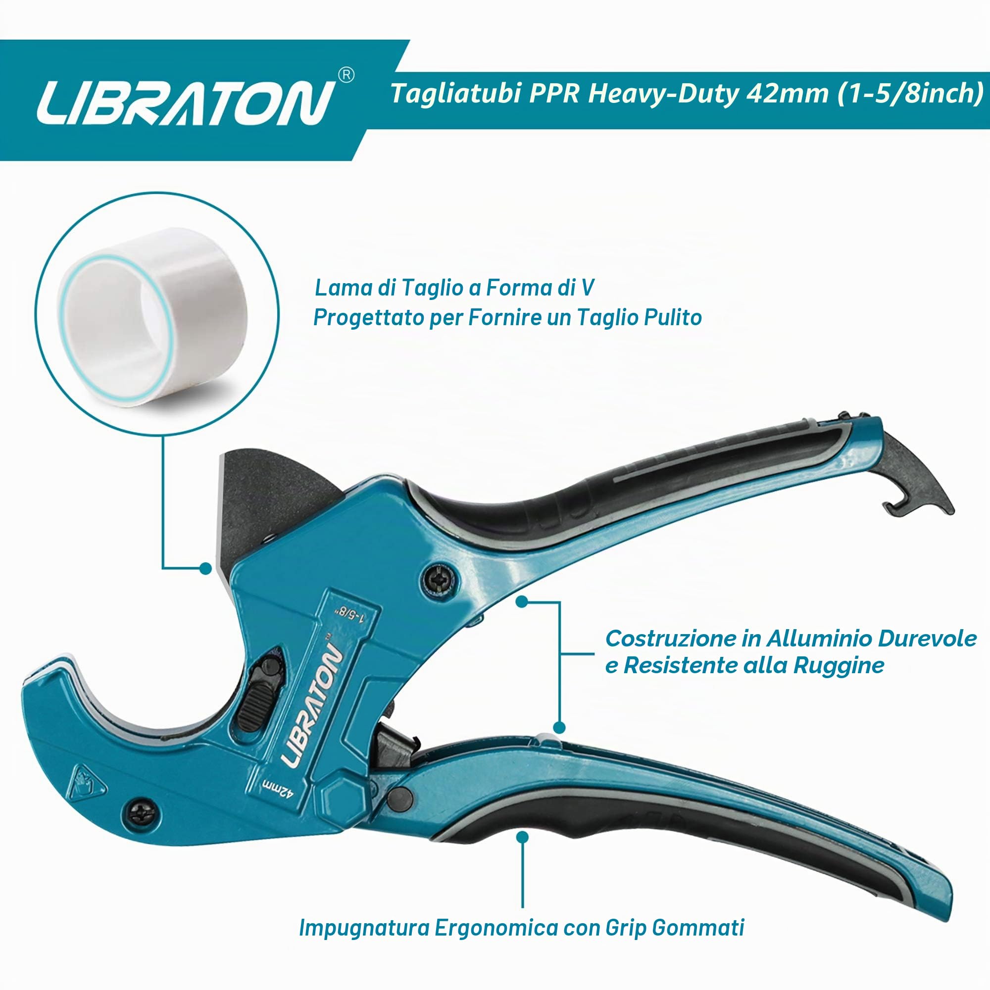 Libraton PVC Tagliatubi, 42mm Taglierina per tubi in PVC, Macchina da Taglio a Cricchetto per Tagliare di Tubi in PVC, PPR, PEX, Idraulici