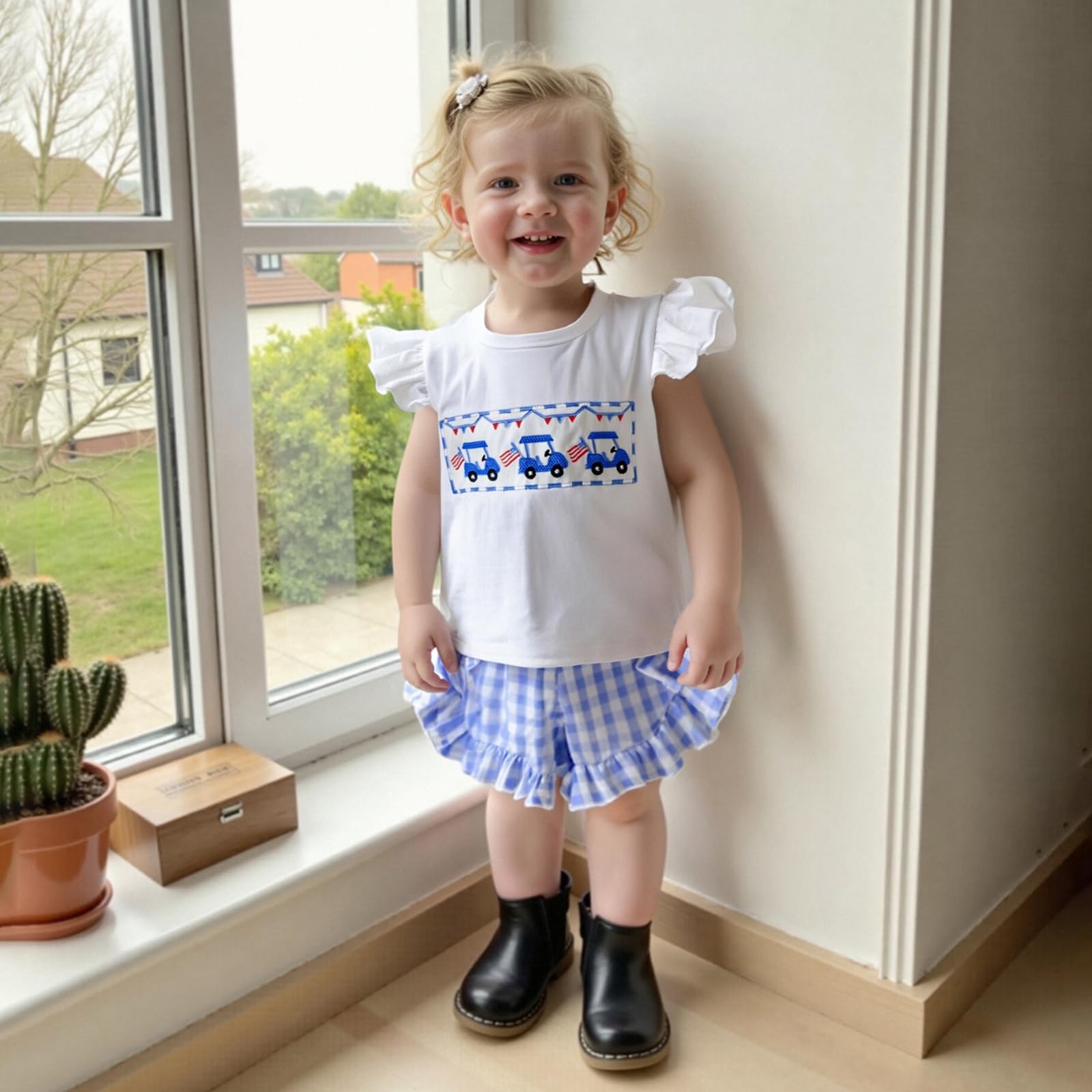 4th of July Toddler Baby Girl Outfit American Flag Tractor Fly Sleeve Shirt Ruffle Fourth of July Memorial Set (Blue, 18-24 Months)