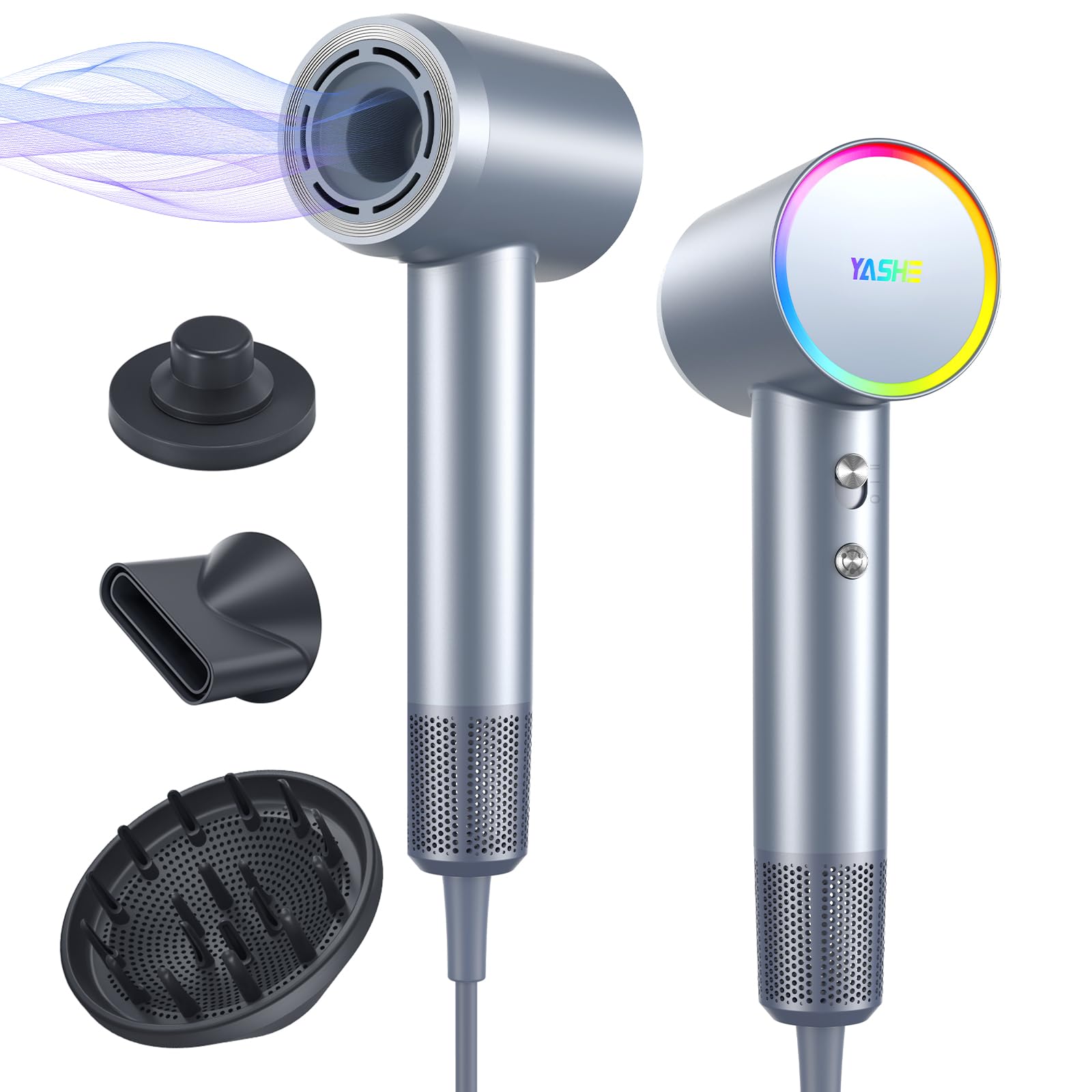 YASHE Asciugacapelli, Motore Brushless da 110.000 Giri/Min, Asciugatura Rapida a 21m/s, 200 Milioni di Ioni Negativi, Phon Capelli con Diffusore e Concentratore, 5 Impostazioni di Calore e 2 Velocità