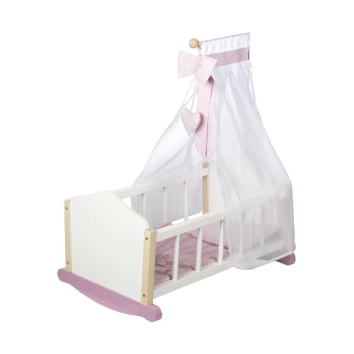 roba Cuna Completa de Muñecas Scarlett - Incluye Textil - Manta + Almohada + Dosel y Soporte - Rosa/Blanco
