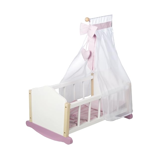 roba Cuna Completa de Muñecas Scarlett - Incluye Textil - Manta + Almohada + Dosel y Soporte - Rosa/Blanco