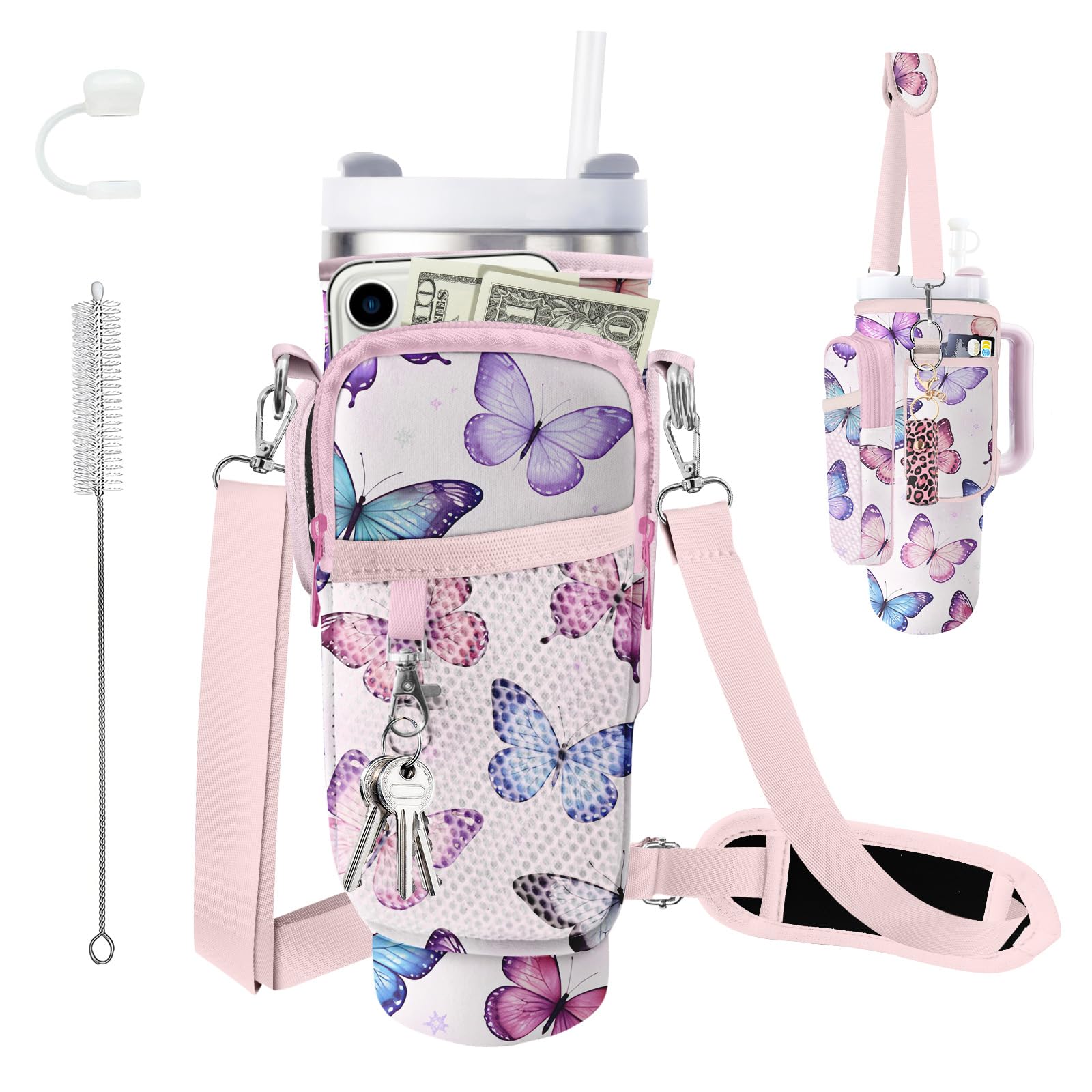 bolimoss Butterfly Stanley Cup Bag with Adjustable Shoulder & Hand Strap,Cute Neoprene Water Bottle Holder Pouch with 3 Pockets for Stanley Cup 40/30oz, Stanley Cup Accessories for Gym Hiking Yoga — image 1