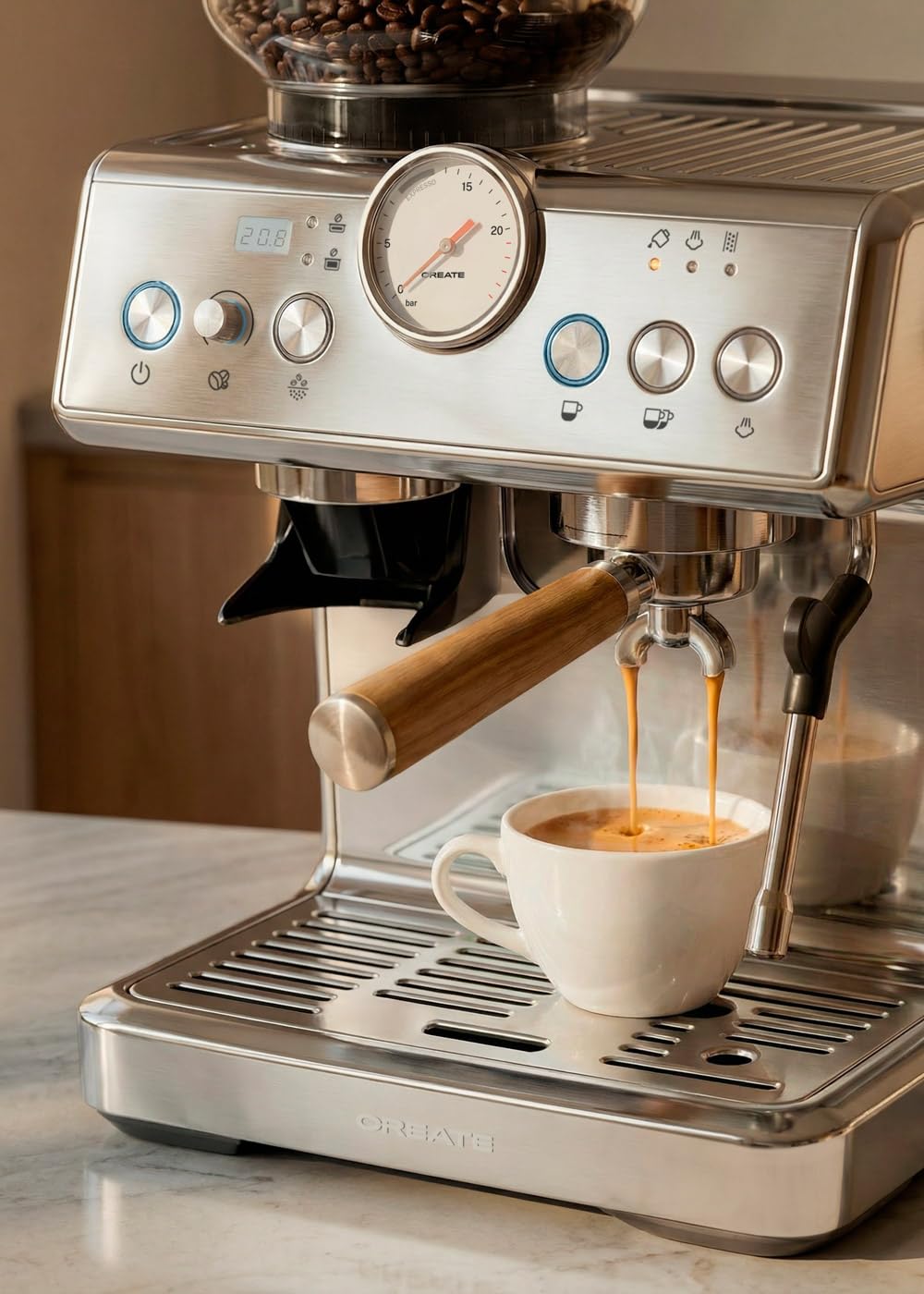 CREATE / THERA CLASSIC ADVANCE/Cafetera express semiautomática con vaporizador / 20 bares, depósito 250g, filtro 1-2 tazas, 15 ajustes de molienda, 2450W