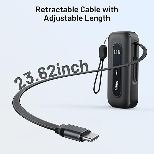 Miniatura 3 de Selore&S-Global Banco de energía de 10,000 mAh con cable retráctil integrado y cable C a L, cargador portátil de carga rápida de 30 W, pantalla LED,