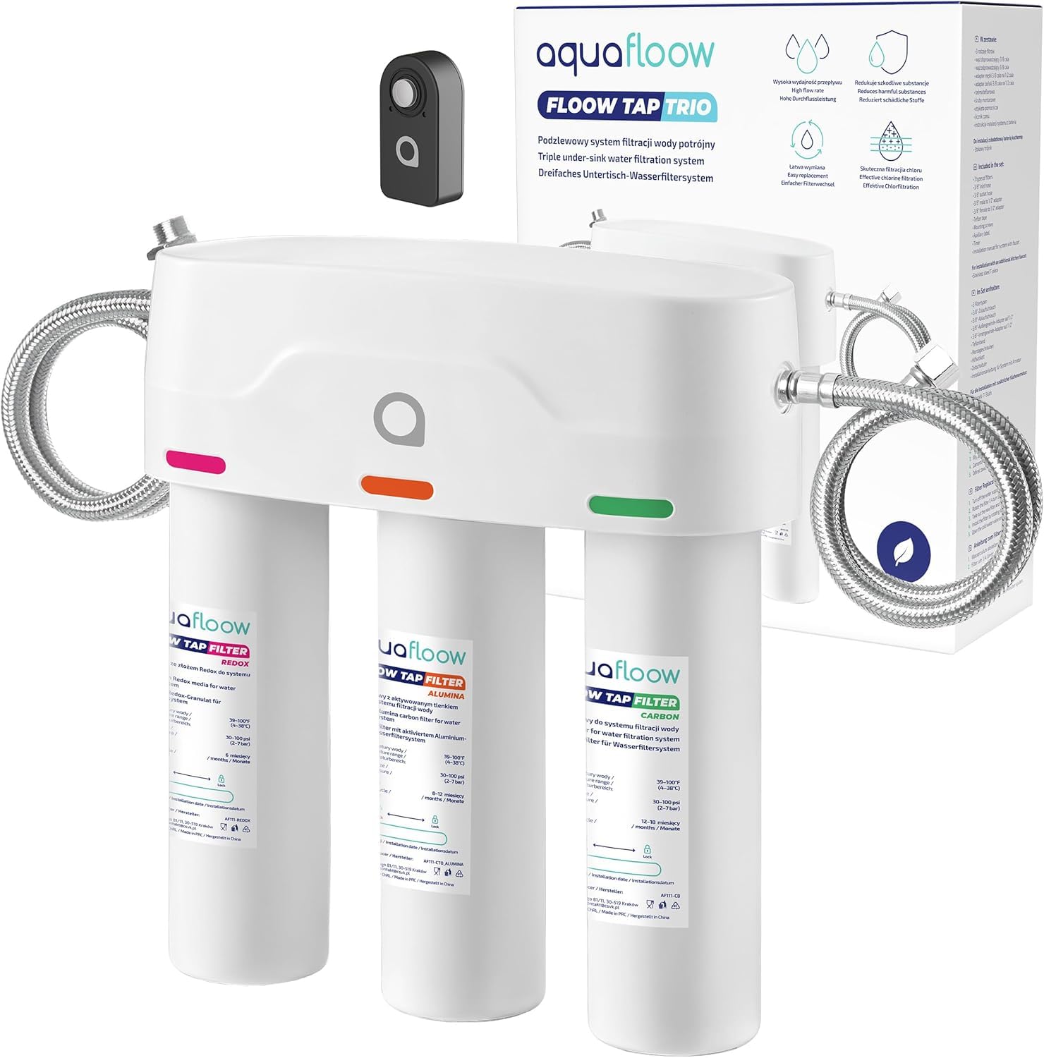 Aquafloow Untertisch Wasserfiltersystem 3-stufige Wasserfilter Trinkwasser mit Timer, Entfernt 99,99% Blei, Chlor, Chloramin, Fluorid, Geruch, Direktanschluss, Schnelle Filterwechsel