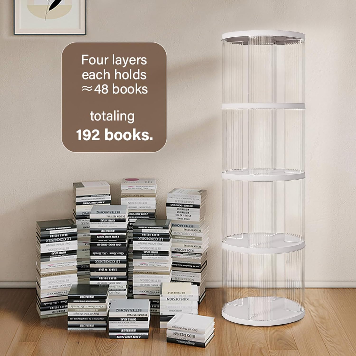 4 Tier Rotating Bookshelf, Small Corner Bookshelf for Small Space, 360 Display Floor Standing Bookcase, Plastic Narrow Book Organizer Shelf for Bedroom, Living Room, Round, White, Lazy Susan