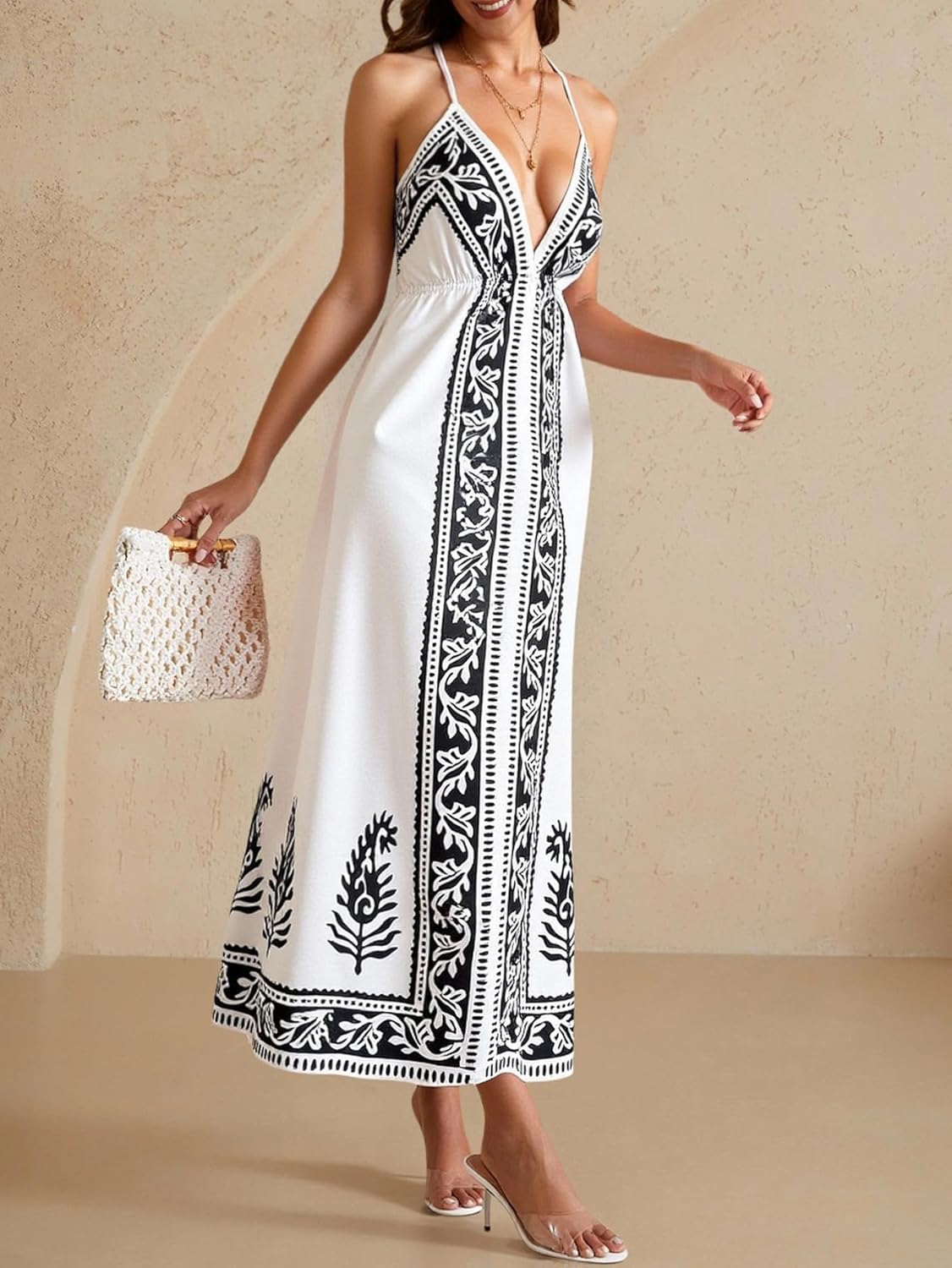 Women's Boho Print Halter Maxi Dress Summer Deep V Neck Flowy Dresses Beach Vacation Clothes - Image 3