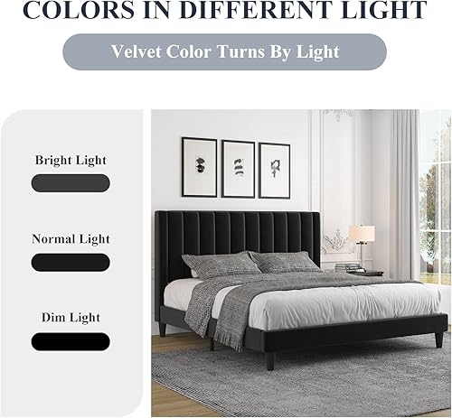 Miniatura 14 de Allewie - Base de cama tapizada en terciopelo, cabecera capitoné de canales verticales, listones de madera reforzados, opción de somier, fácil de