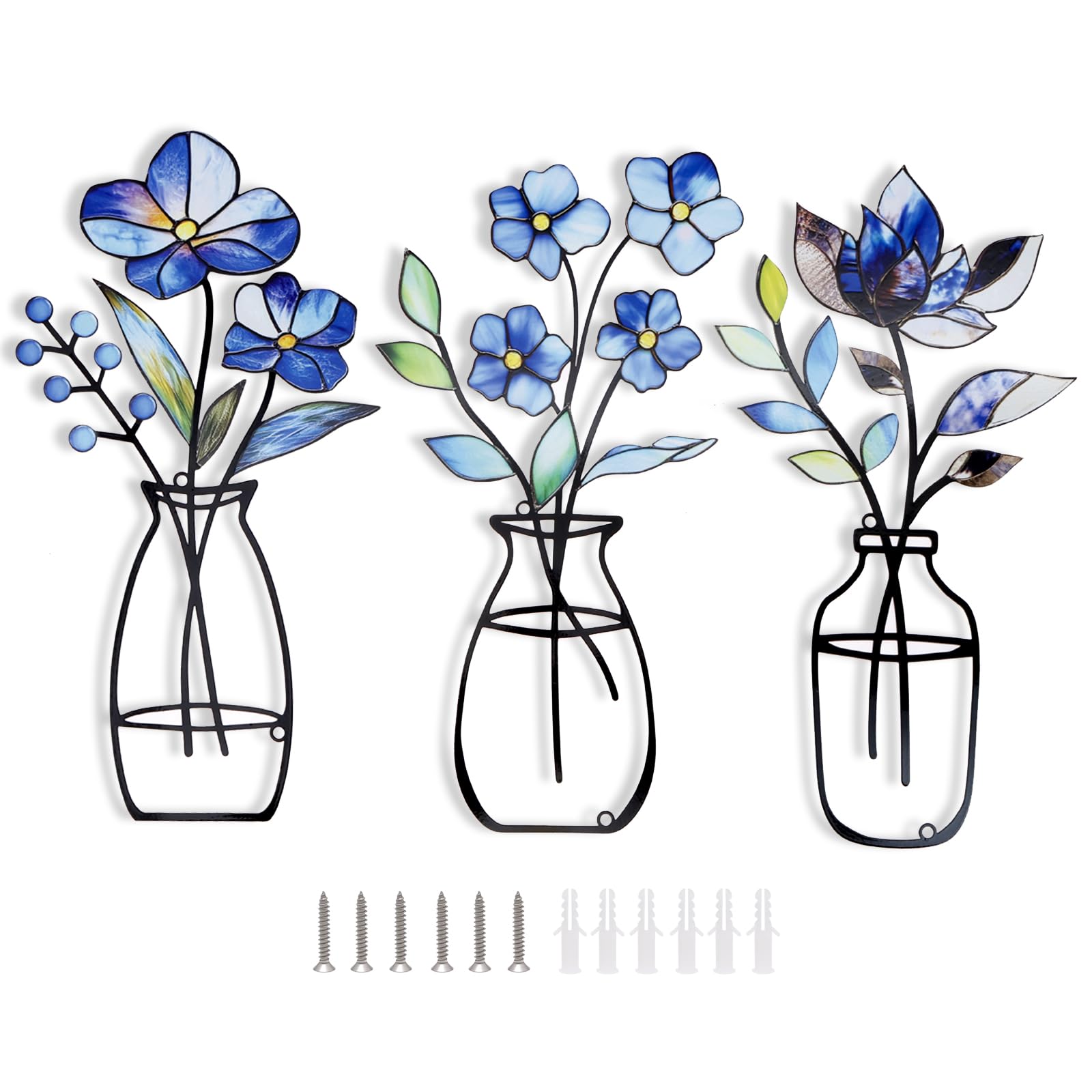 NZWBSHSSP 3 Pieces Metal Flowers Wall Art Colourful Minimalist Line Artwork Rustic Farmhouse Wall Decor for Living Room Bedroom Bathroom Dining Room Housewarming Gifts Home Decorations(Style B)