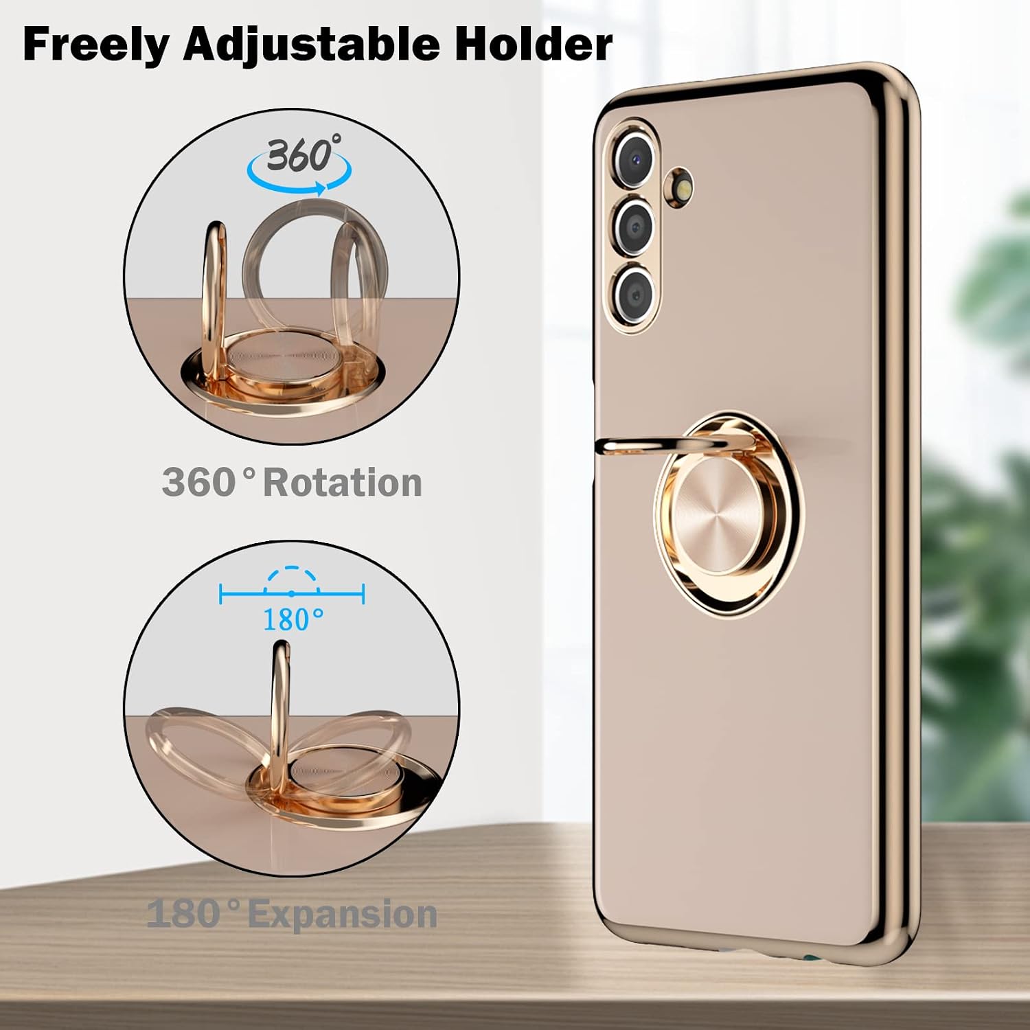 Jasmeas Case Compatible with Samsung Galaxy A13 5G with 2 Screen Protector, with Ring Holder Plating Rose Gold Edge 360° Kickstand Cover Slim Soft Flexible TPU Protective Phone Cases for Women-Pink