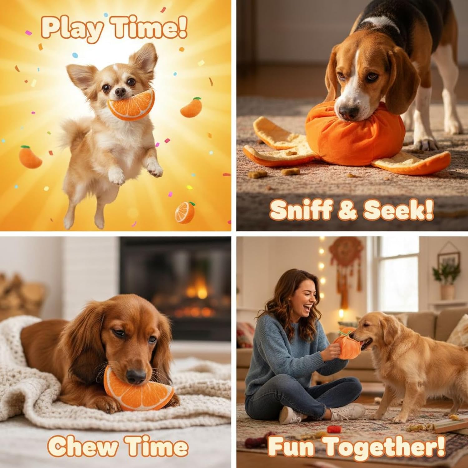Small Dog Squeaky Orange Toy, Interactive Plush Dog Puzzle, Hide and Seek Chew Toy for Boredom, Train Iq, 16 Cm