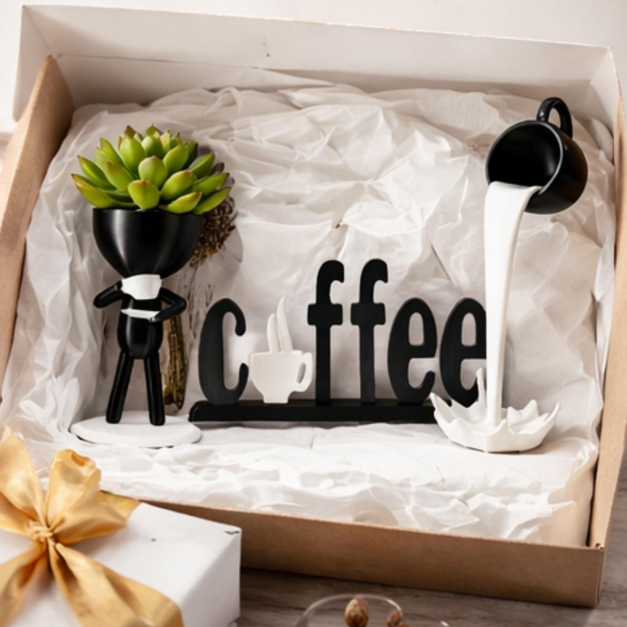 Generico Decorazione Angolo Caffè Set 4 Pezzi - Scritta Coffee, Tazza Sospesa, Omino Decorativo - Accessori Arredo Cucina e Bar Moderno