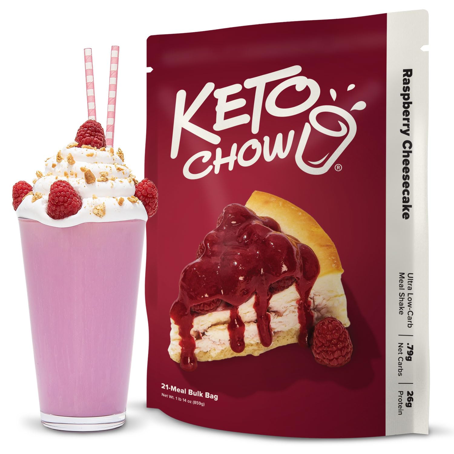 Keto Chow Raspberry Cheesecake – Keto Meal Replacement Shake Powder – Nutritionally Complete, Low Carb, Protein Rich – You Choose the Fat – Single Meal, 21 Servings