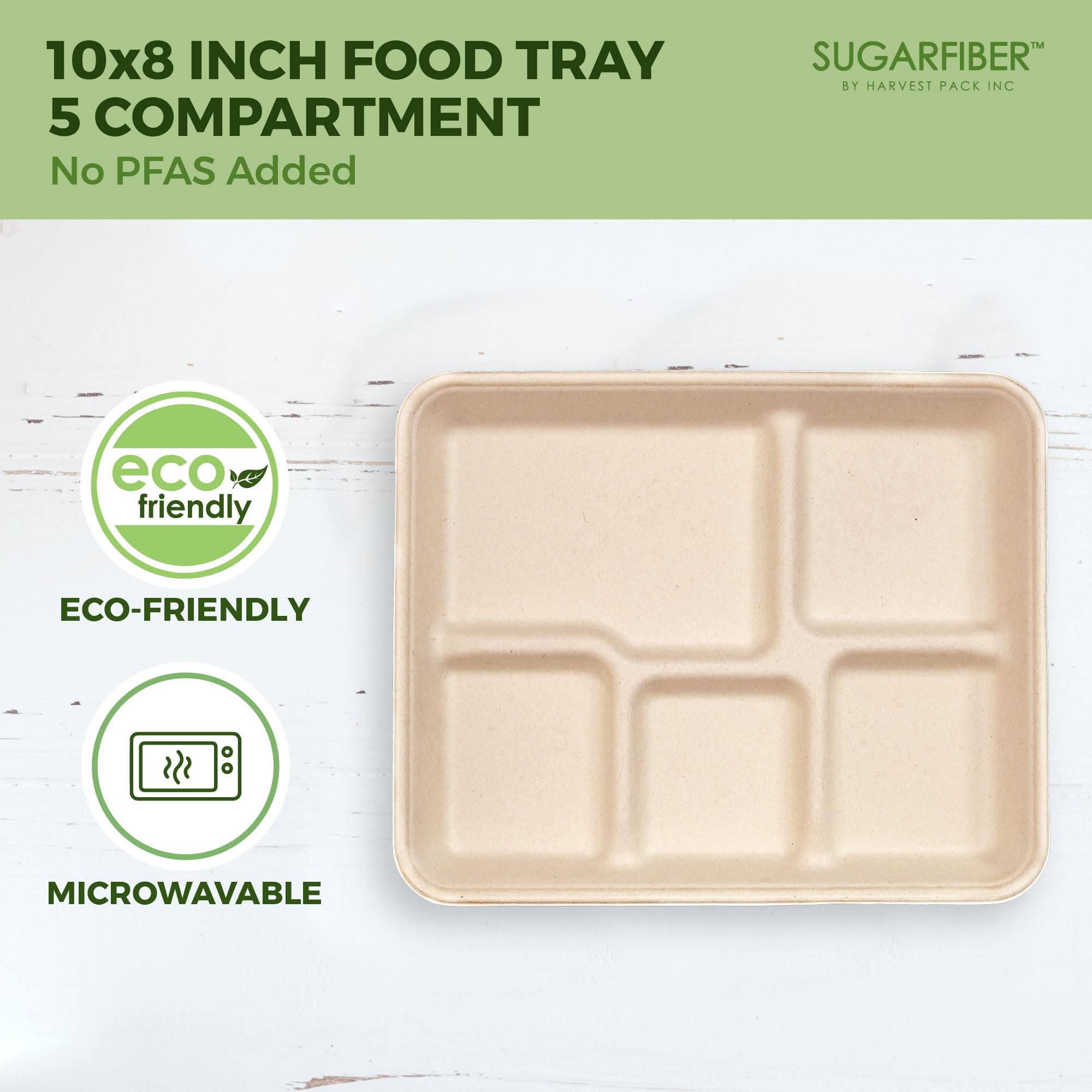 [100 unidades] Harvest Pack Bandeja de alimentos de 10 x 8 pulgadas, 5 compartimentos sin PFAS, bandejas desechables para servir bagazo, rectangulares, hechas de fibras vegetales ecológicas de caña de