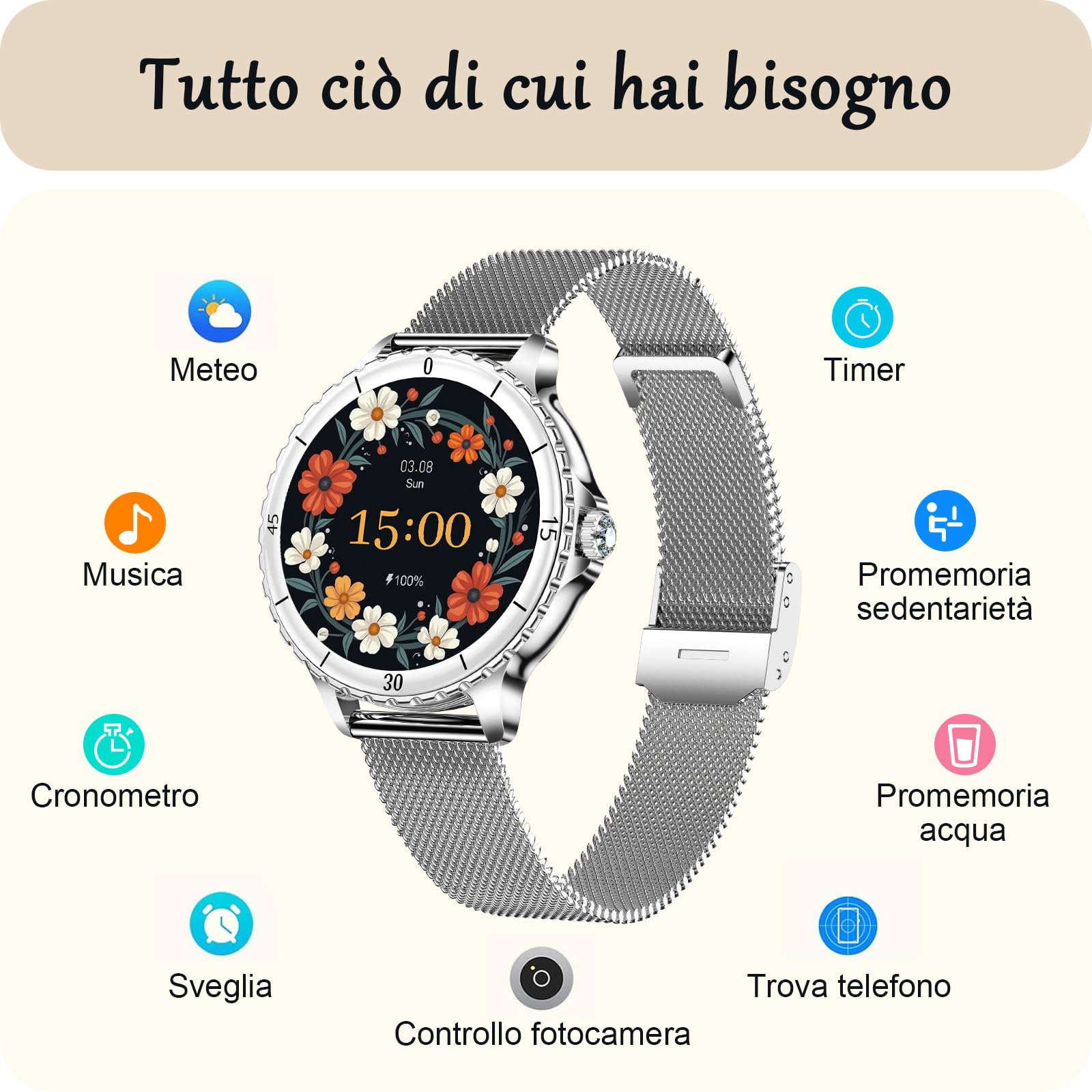 Smartwatch Donna Chiamate, 1,27'' HD Schermo Orologio Smartwatch Rotondo con Notifiche Messaggi/120+ Sportive/Cardiofrequenzimetro/SpO2/Sonno, Smart Watch Donna IP68 per Android iOS, Argento