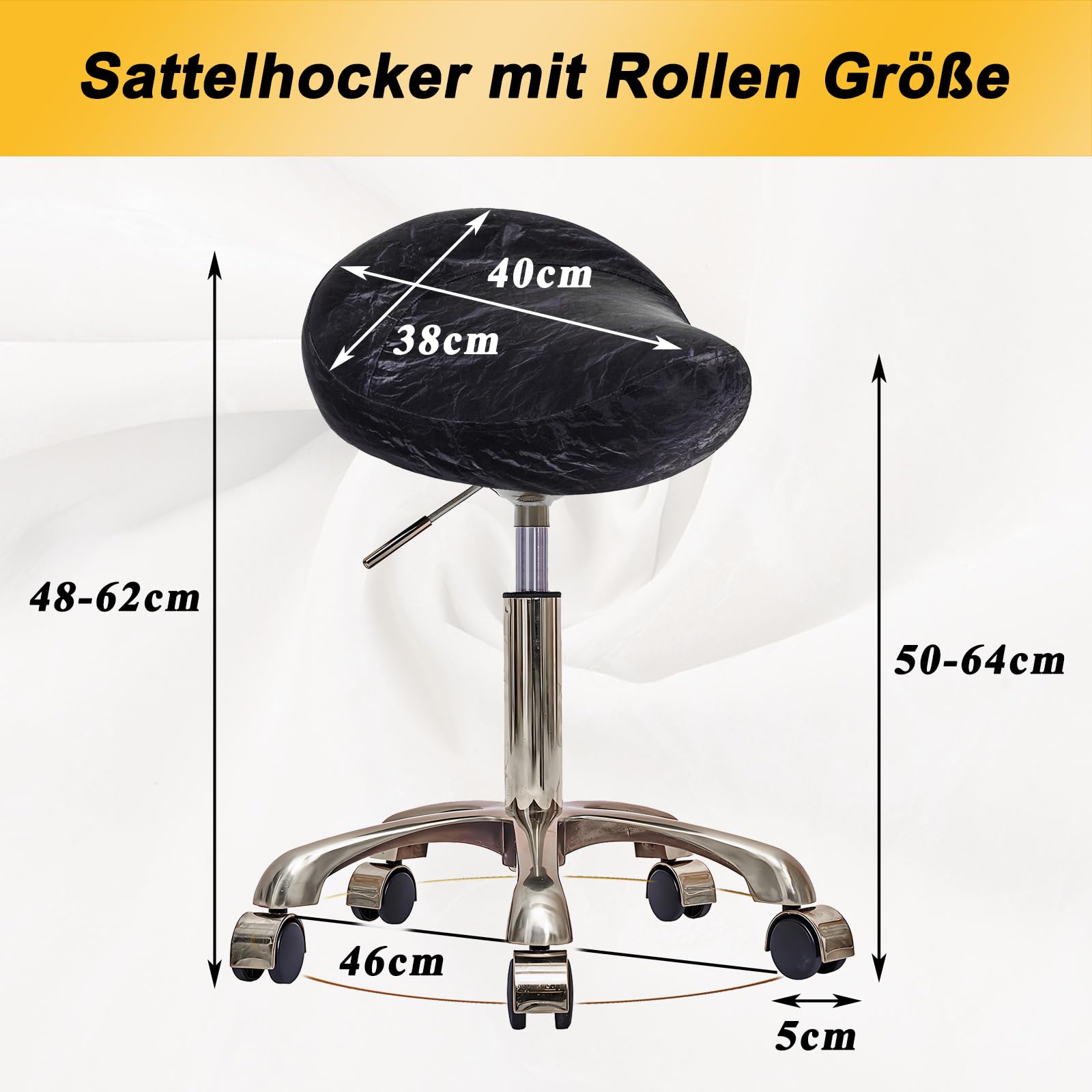 Taburete de Montar, Ergonómico Taburetes con Ruedas Altura Ajustable, Giratorias PU Cuero Giratorias Silla para Peluquería y Tatuajes (Plateado + Negro, Sin Espalda)