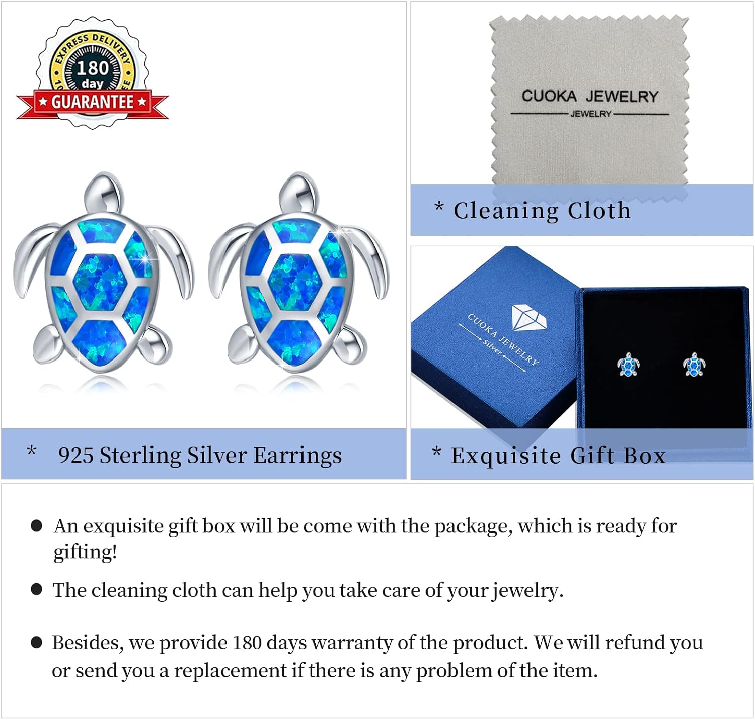 Sea Turtle Earrings,Sterling Silver Hawaiian Beach Themed Stud Earrings Turtle Dangle Blue Opal Ocean Jewelry Gifts for Women Girlfriend - Image 7