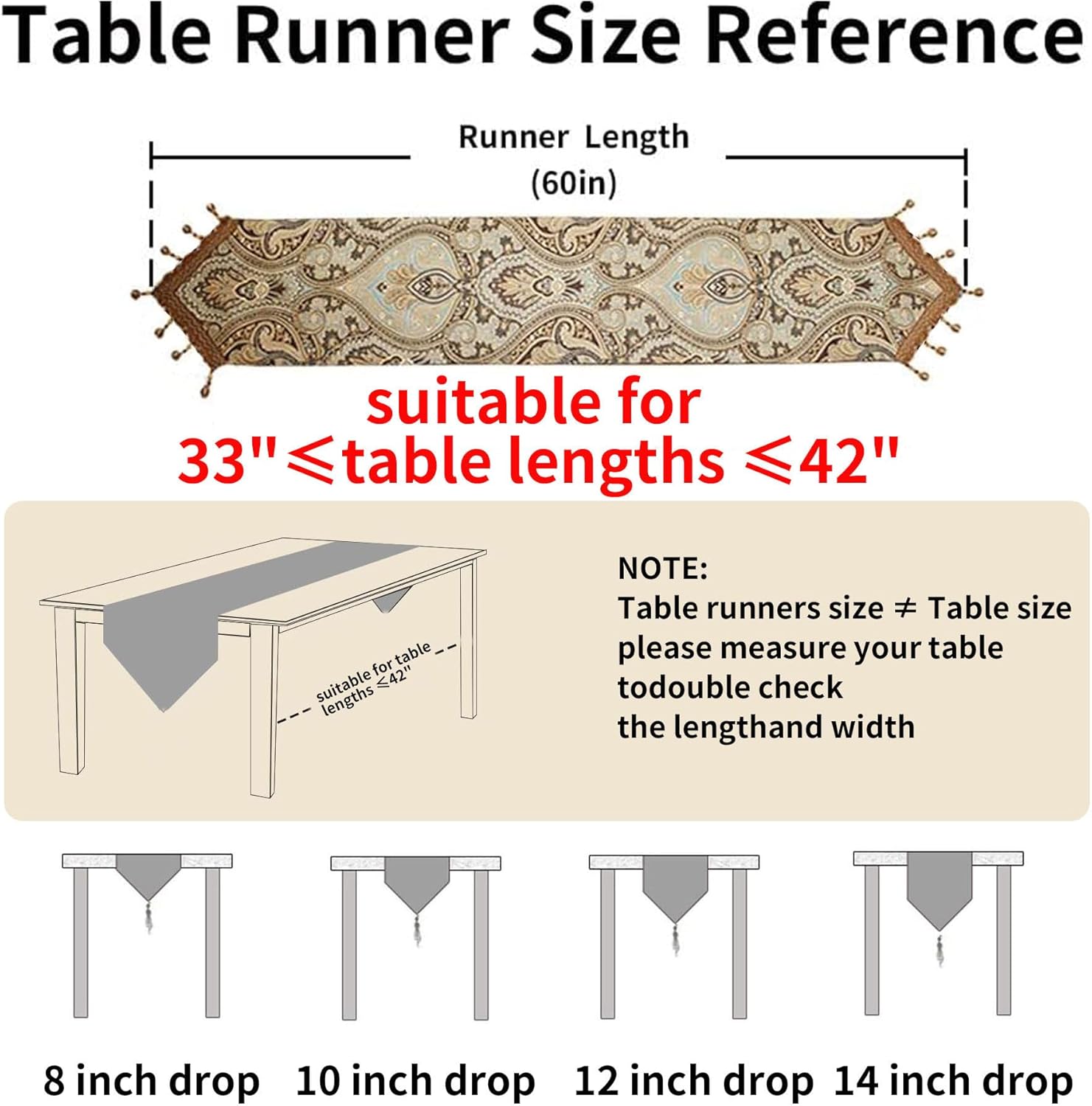 Luxury Vintage Design Table Runner 60 inches Long Embroidery Jacquard Fabric with Multi-Tassels Table Runners for Dining Room Dresser Wedding Holiday Party Fireplace Decorations (Coffee, 12X60inch)