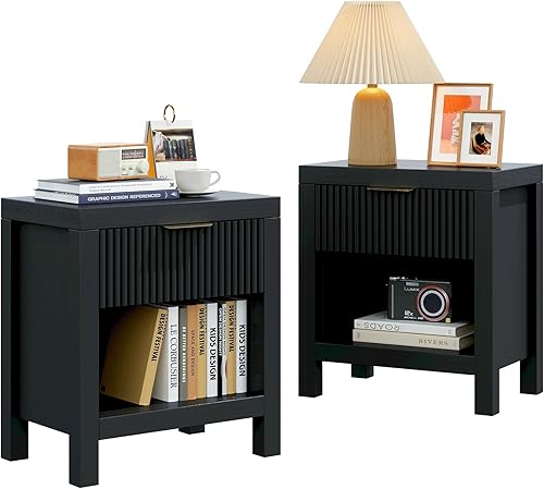 Miniatura 8 de Juego de 2 mesitas de noche, mesa auxiliar de cama con almacenamiento, mesa auxiliar de granja con 2 cajones, armario acanalado para dormitorio,