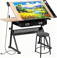 ZENY Adjustable Drafting Table with Stool, Tilting Artist Desk, Storage Drawers & Power Outlet for Drawing, Crafts, Home Office (Brown)