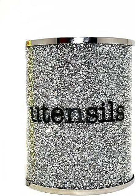 SILVER PETALS - XL Sparkly Crushed Diamond Crystal Filled Utensil Holder, Kitchen Bling Gift