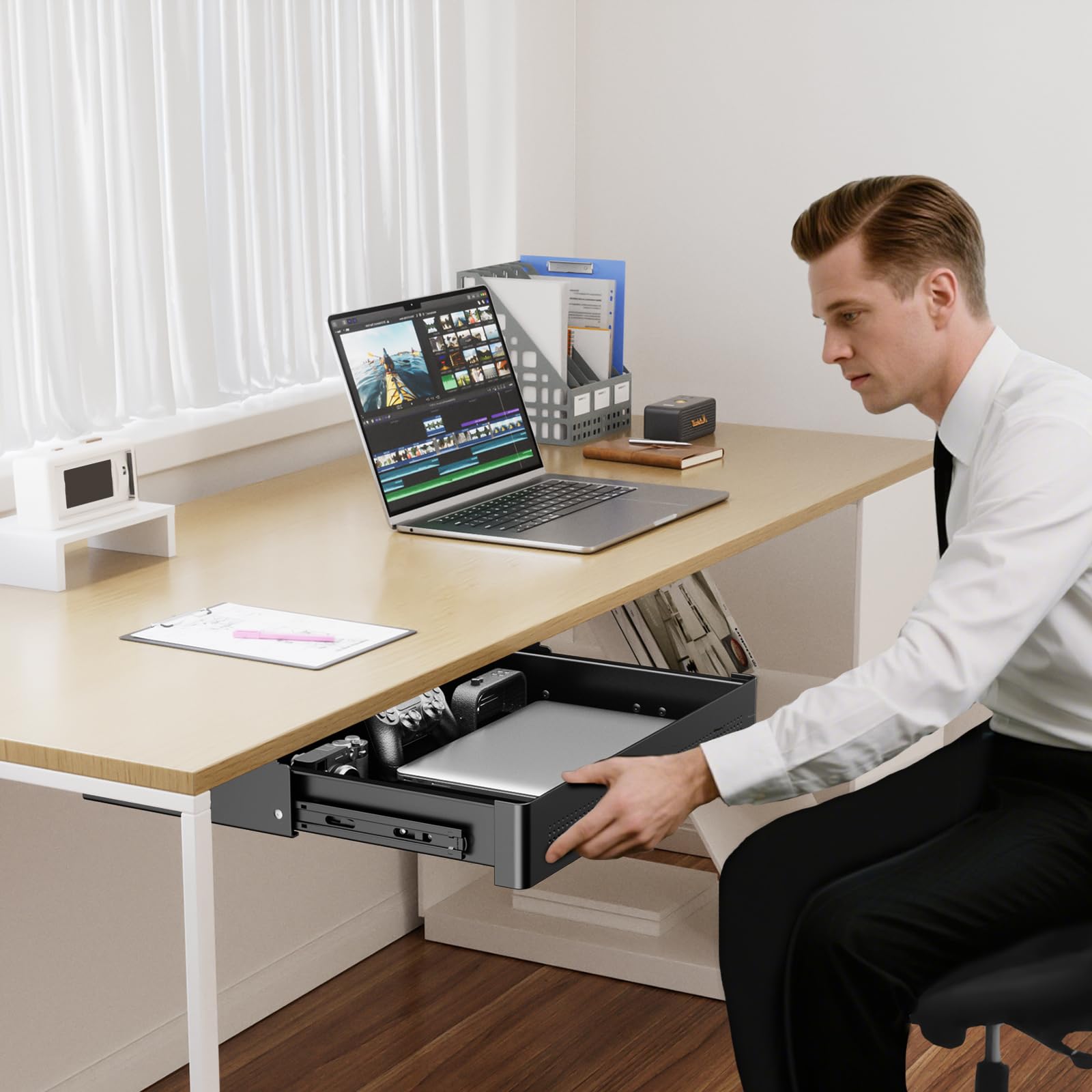 Cajón de almacenamiento bajo escritorio 40 cm de ancho – Organizador deslizante suave para escritorio regulable y oficina en casa, carga máx. 8 kg, deslizamiento silencioso, negro