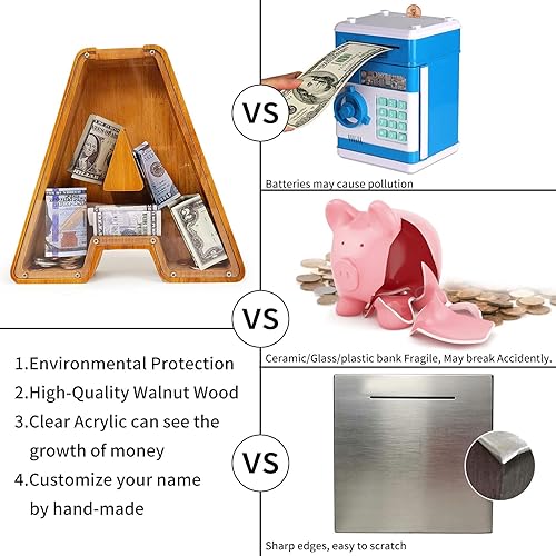 Miniatura 200 de Alcancía para niños y niñas, alcancía grande de madera personalizada con diseño recortado, bancos de monedas con letras del alfabeto, caja de ahorro