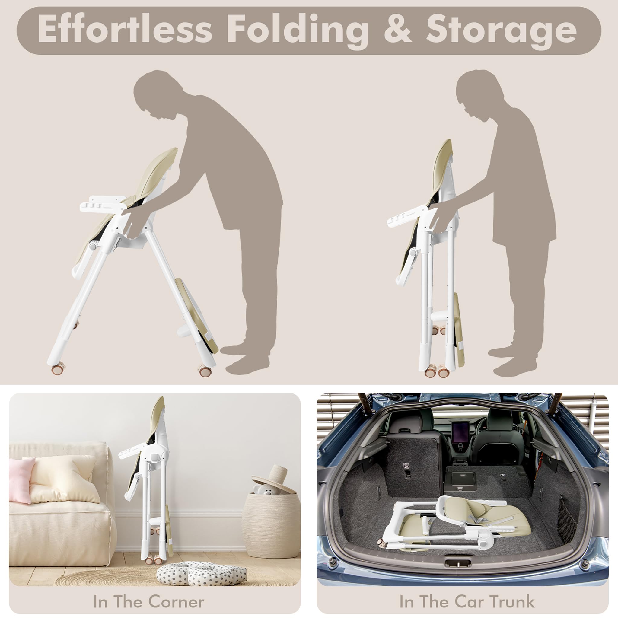 ACXIN Trona plegable para bebé, silla de comedor infantil ajustable en altura con bandeja de doble capa y cinturón de seguridad, trona portátil con función reclinable para el hogar y al aire libre,