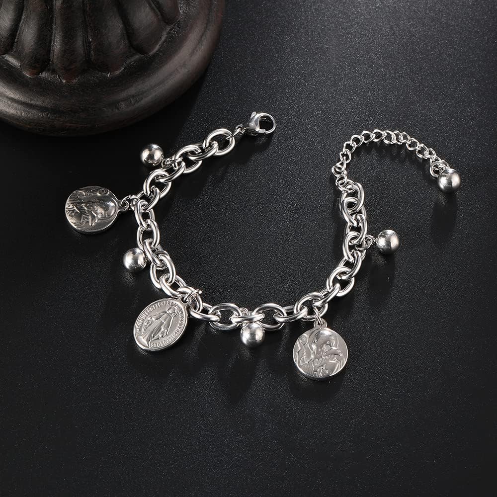 Saint Benedict Charm Bracelet - St. Benedictine Medal Coin Link Bracelet - Religious Gift for Men Women - Image 3