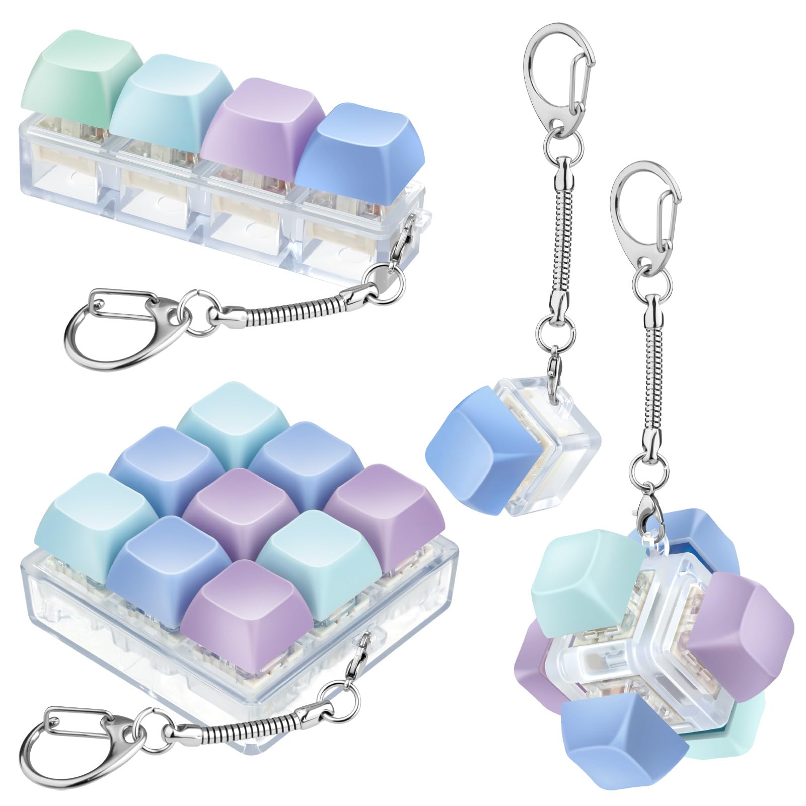 Keyboard Fidget Toy 4PCS, Decompression Toys Keyboard Clicker Toy, Cube Mechanical Key Button, Lightweight Portable Fidget Keyboard Keychain for Adult to Relief Stress Pass Time