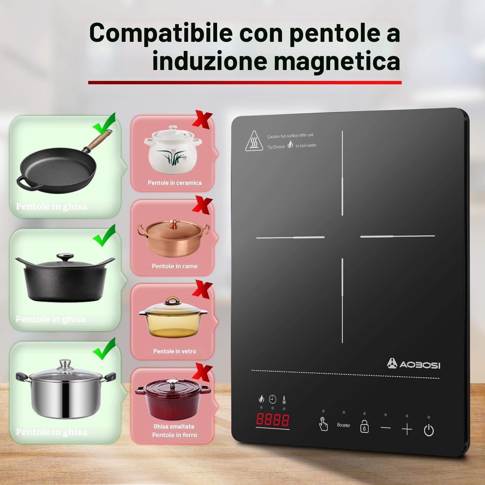 Aobosi Piastra Induzione, Piastra a Induzione con Corpo Portatile Ultrasottile (32 * 26 * 4.2), 20 Livelli di Potenza e Temperatura, Funzione Booster 2000W, Blocco di Sicurezza, Timer 10H