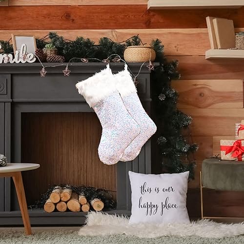 Miniatura 3 de Drawelry Calcetines de Navidad Medias de lentejuelas rosas decoración familiar roja blanca plateada personalizada adorno colgante para chimenea