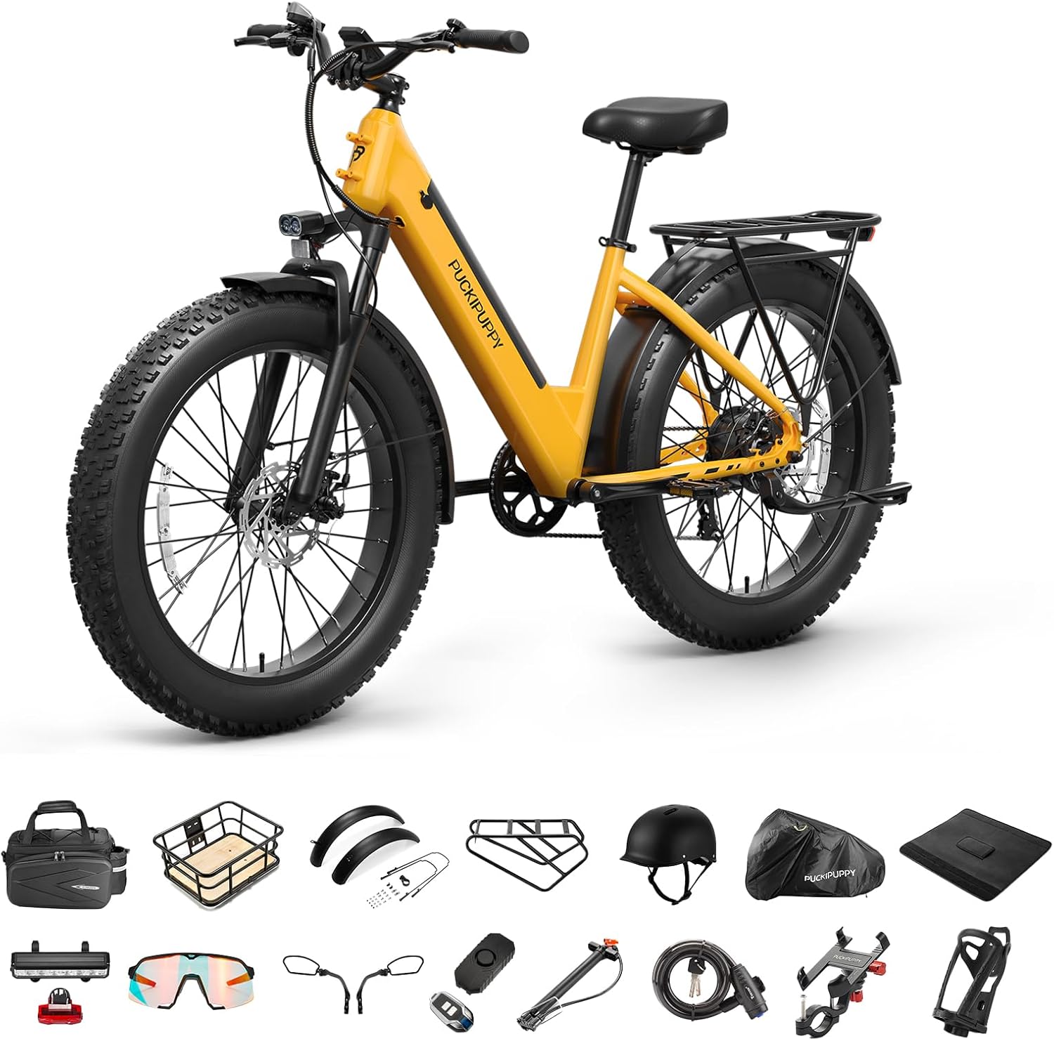 Electrical Bike for Adults + A Luxurious Accent Pack , 48V 15AH Detachable Battery Electrical Bicycle, 28MPH Commuter E-Bike, 7 Velocity, 60 Miles Vary, All Terrain 26″ Fats Tire Entrance Suspension, Samoyed