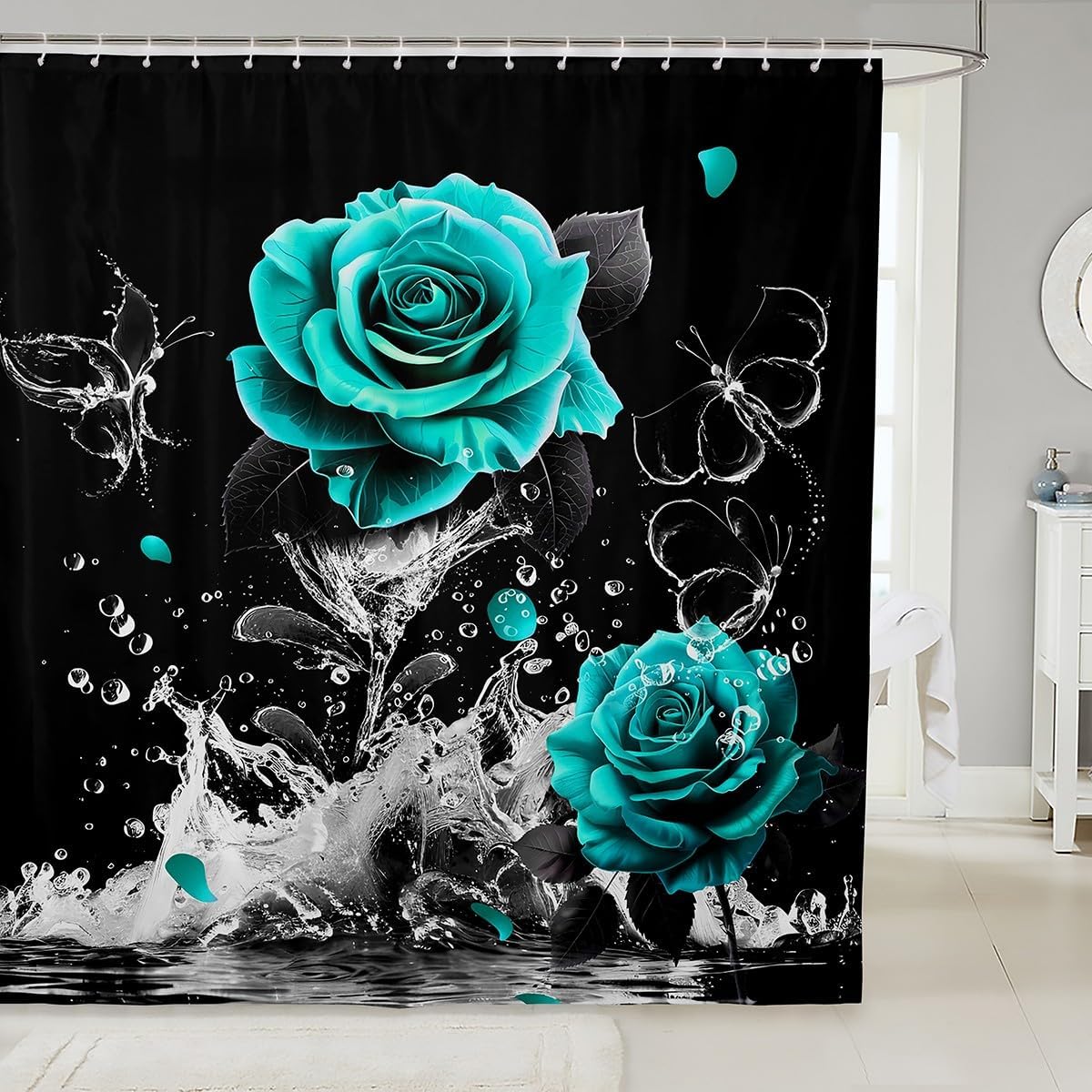 Feelyou Teal Rose Fabric Shower Curtain Romantic Floral Blossom Shower Curtain for Adult Black Teal Bathroom Waterproof Accessories with 12 Hooks Reflection on Water Curtains,72x84 Inches